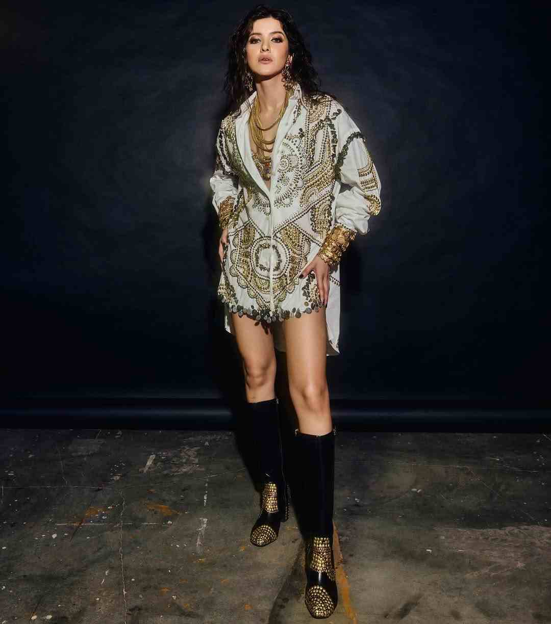 Luxurious White and Gold Embellished Shirt Dress