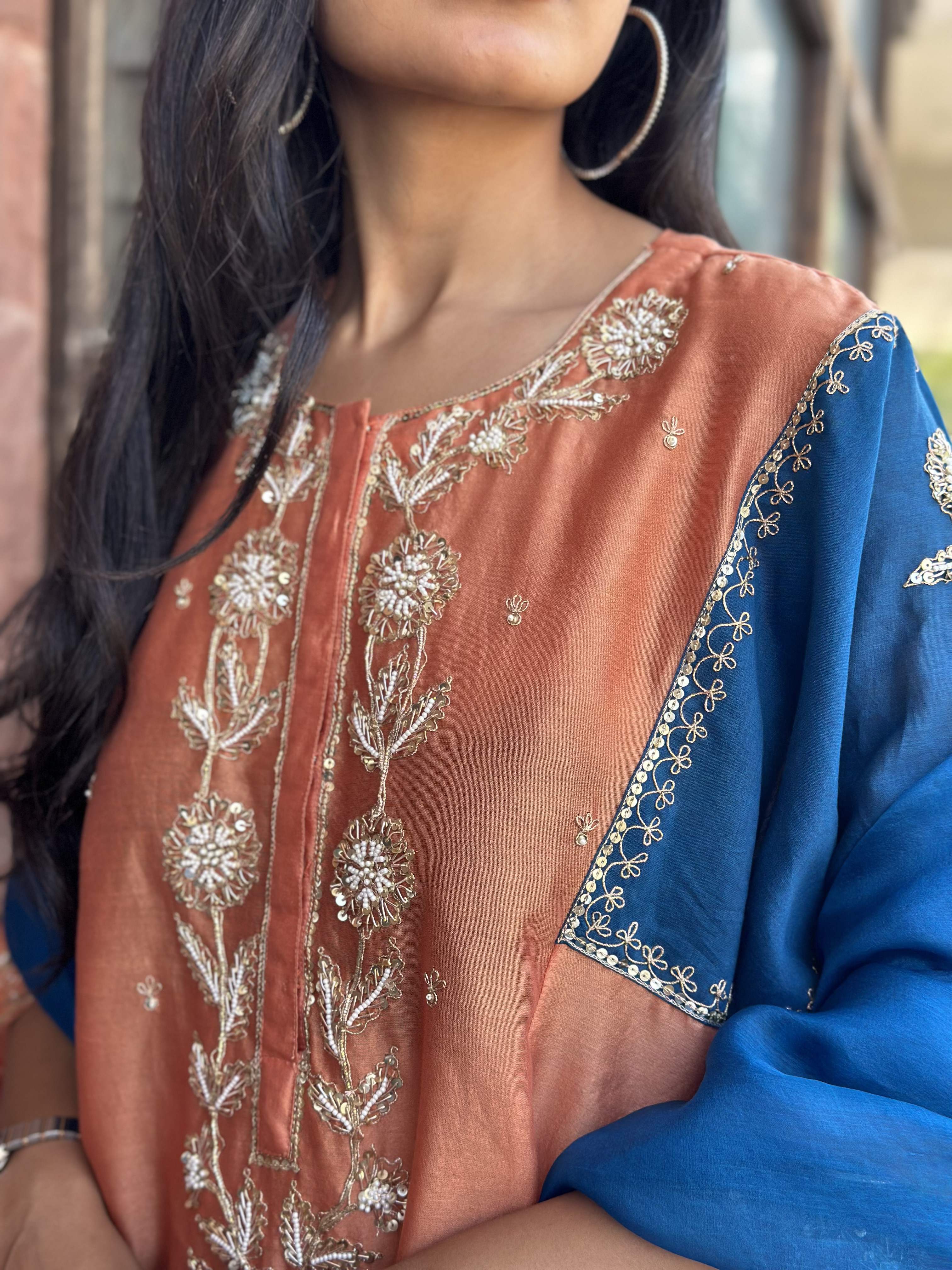 ORANGE-BLUE HANDWORK KURTA SET