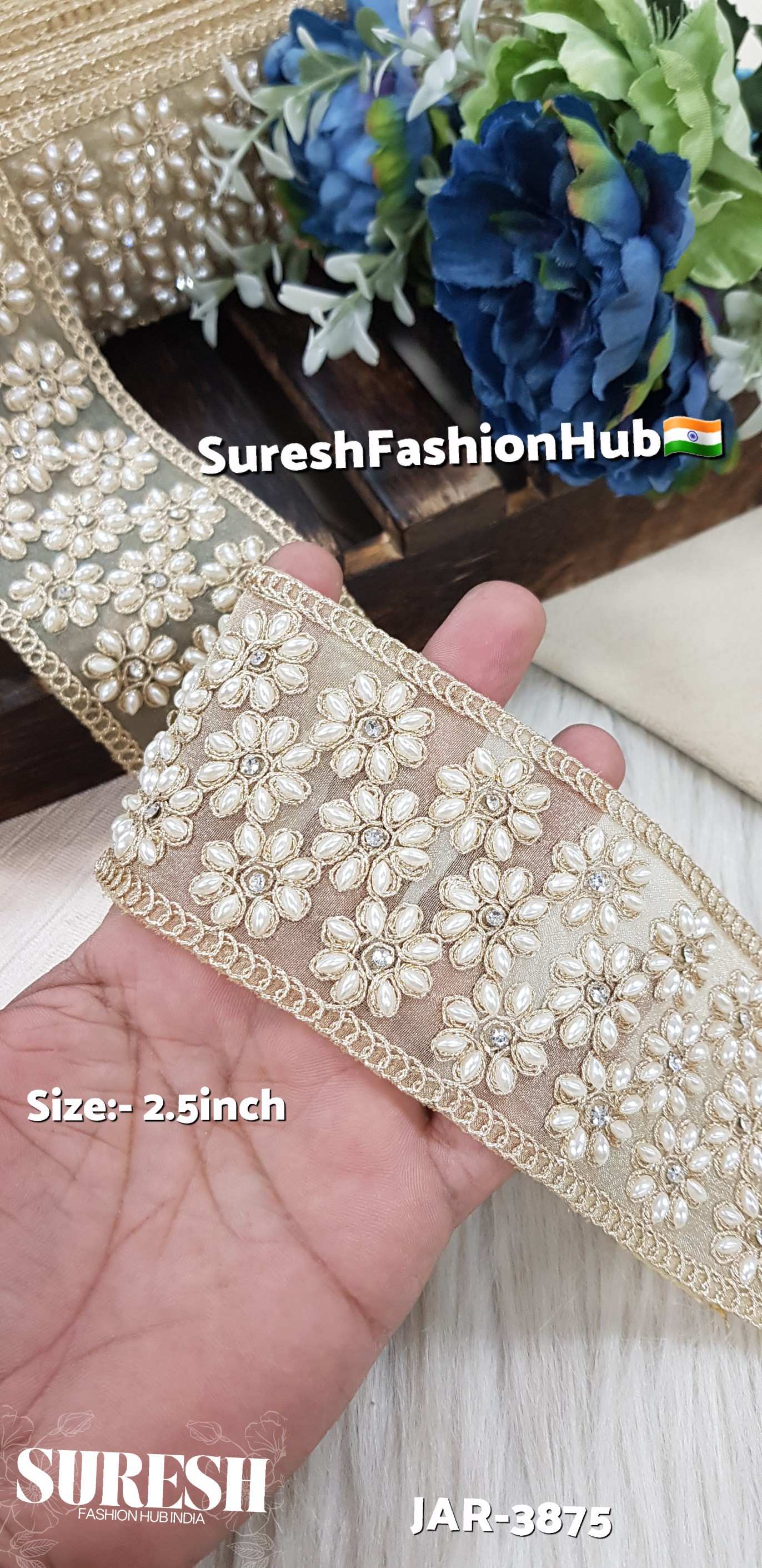 Gold Floral Dori Pearl Diamond Cutwork Lace