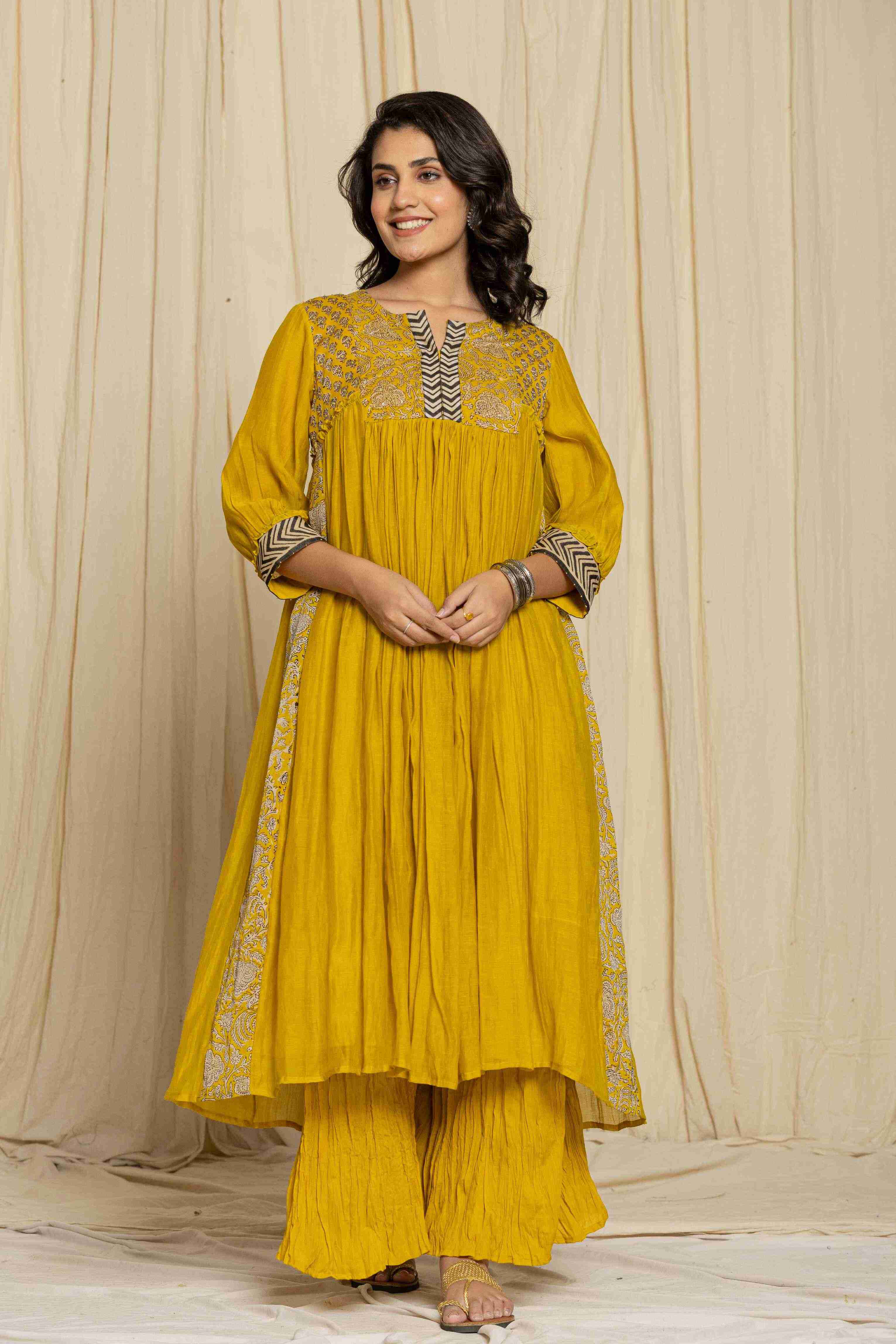 Yellow chanderi kurta with sharara