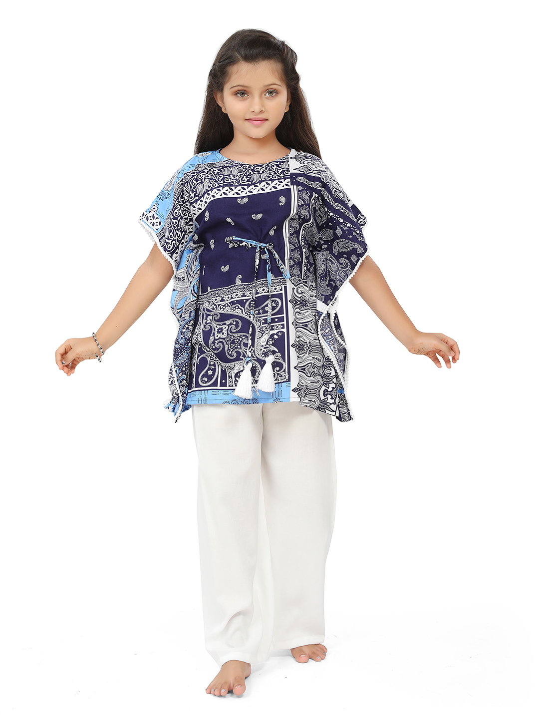 Ninos Dreams Girls Cotton Rayon Kaftan with Palazzo Lounge Set-Blue & White