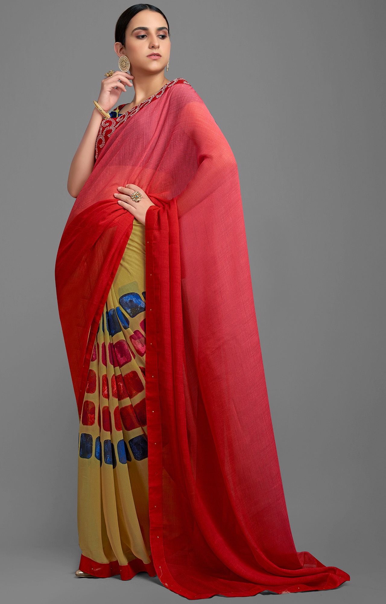 Women's Red and Beige Georgette Solid Printed Half N Half Saree-SHAMA6670SSSR004