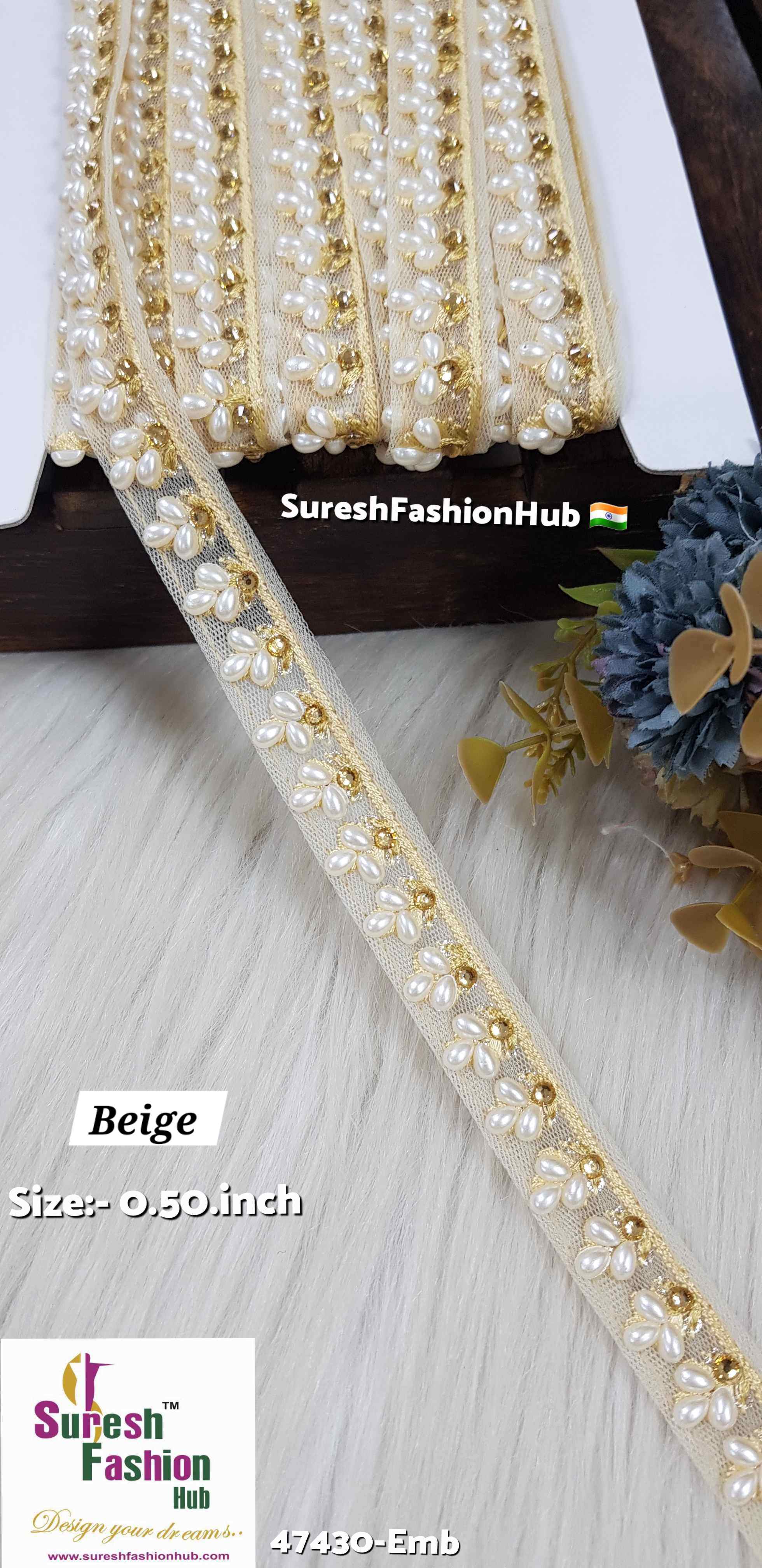 LuxeGlimmer Embroidered Trim Beige  Color