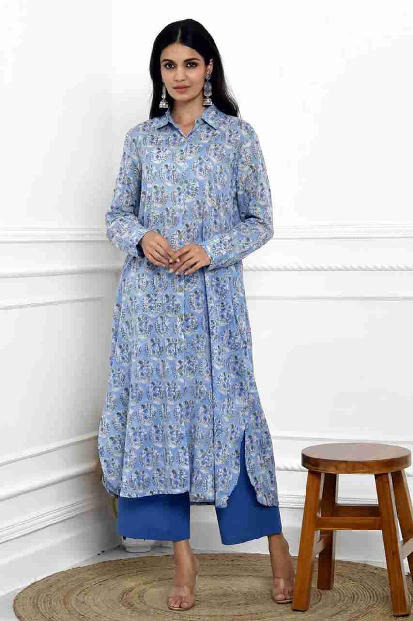Naksh Indigo Blue Block Printed Long Shirt Kurta With Pockets