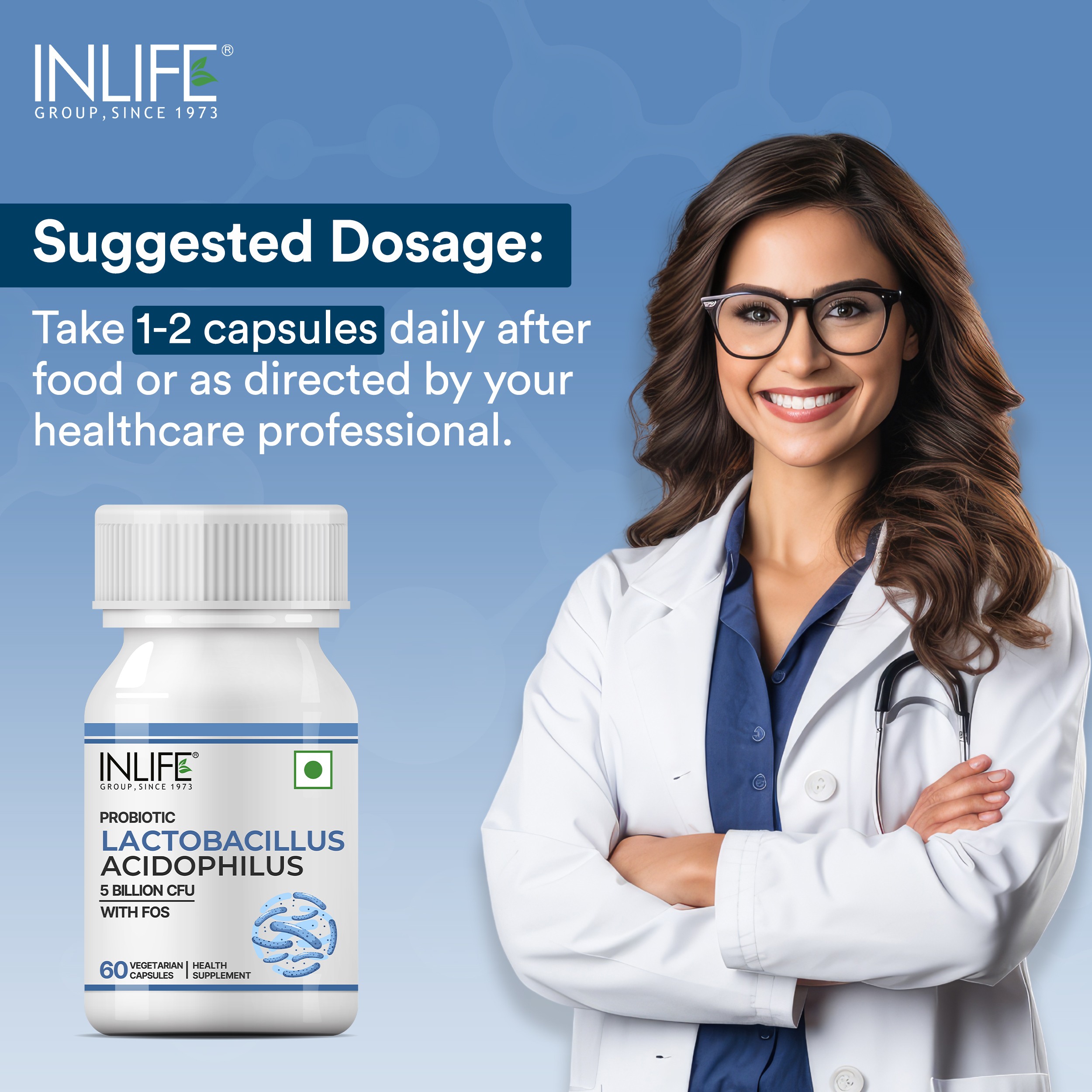 INLIFE Lactobacillus Acidophilus Probiotic 5 Billion CFU with FOS, 60 Caps | Prebiotic FOS 20 mg, Supports Gut Health and Digestion, Vegetarian Capsules, 60 Servings, Health Supplement