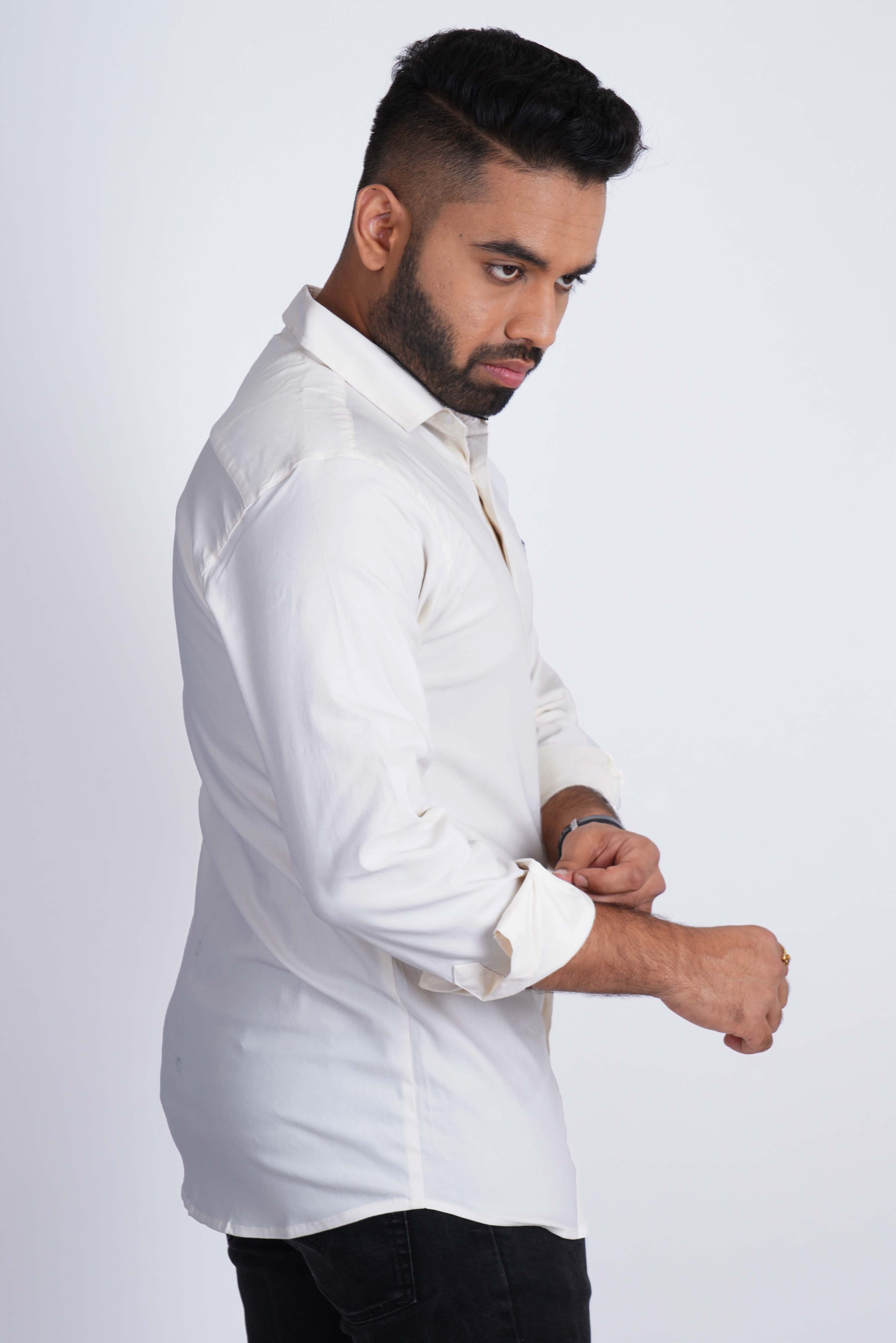 White Lycra Four Way Stretchable Plain Shirt 