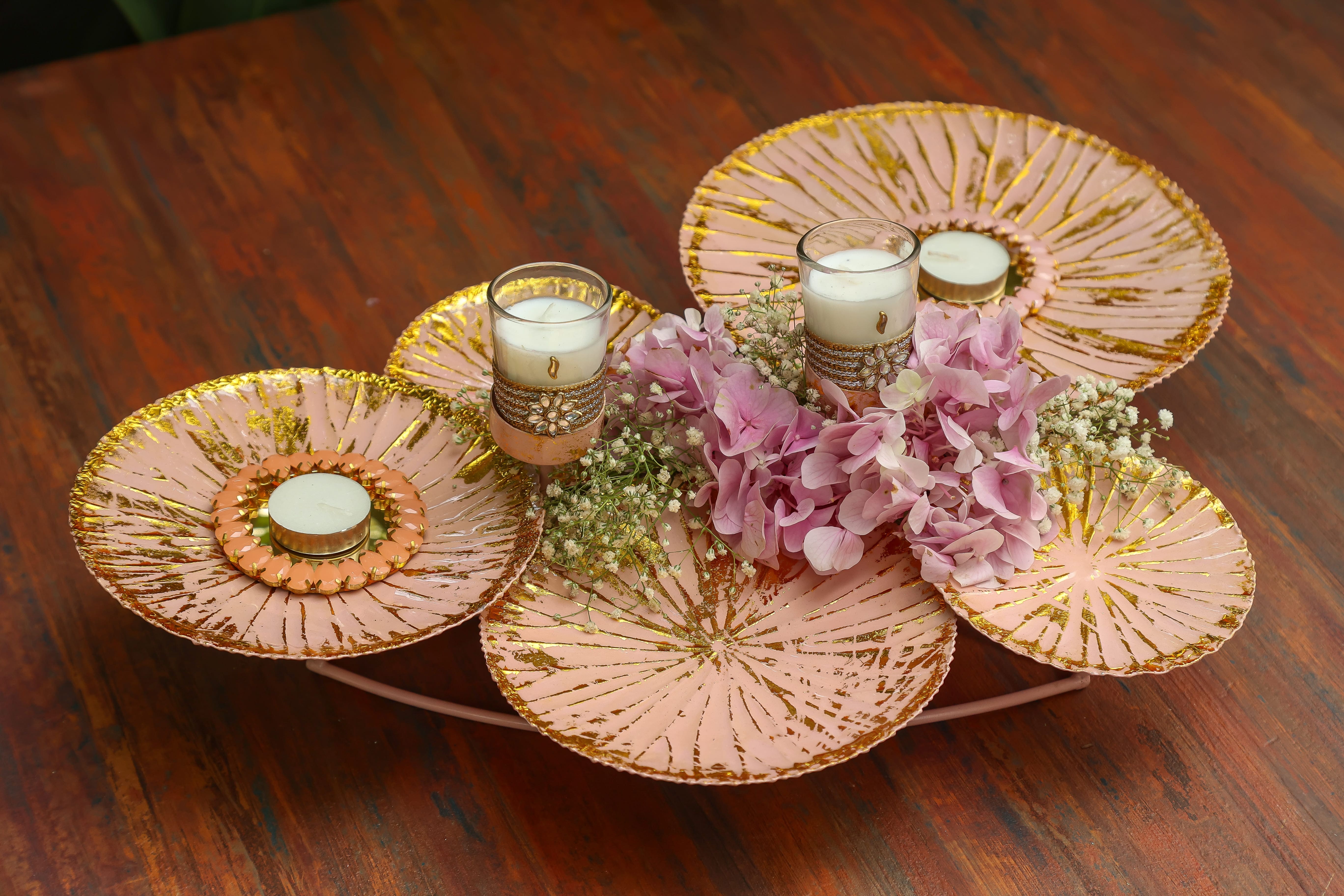 Floral art | 5 Lotus Leaf Candle Holder (Pink) with Diya undefined