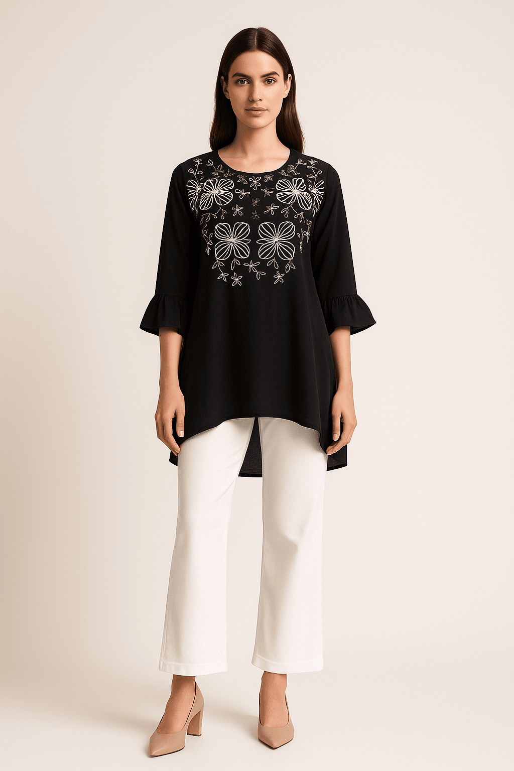 Women's Black  Embroidered co-ord With White Pant