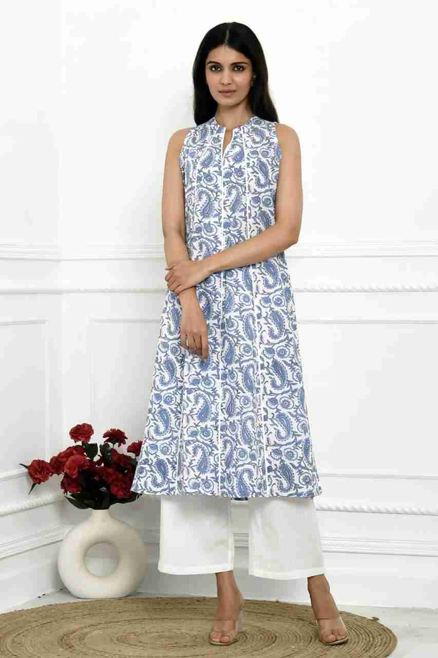 Naksh White and Blue Paisley Printed Sleeveless Kurta