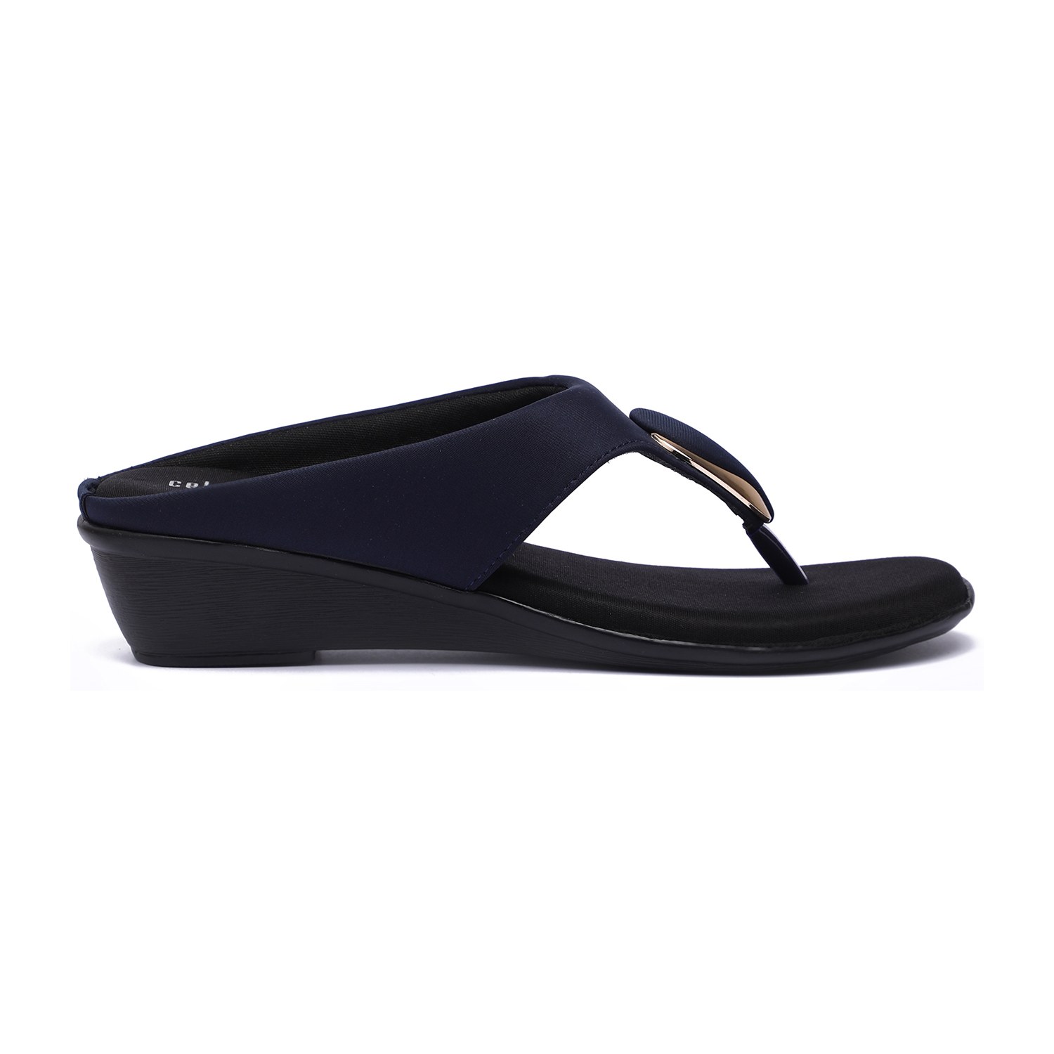 Women Navy Blue Wedge Thong Sandals with Gold Accent