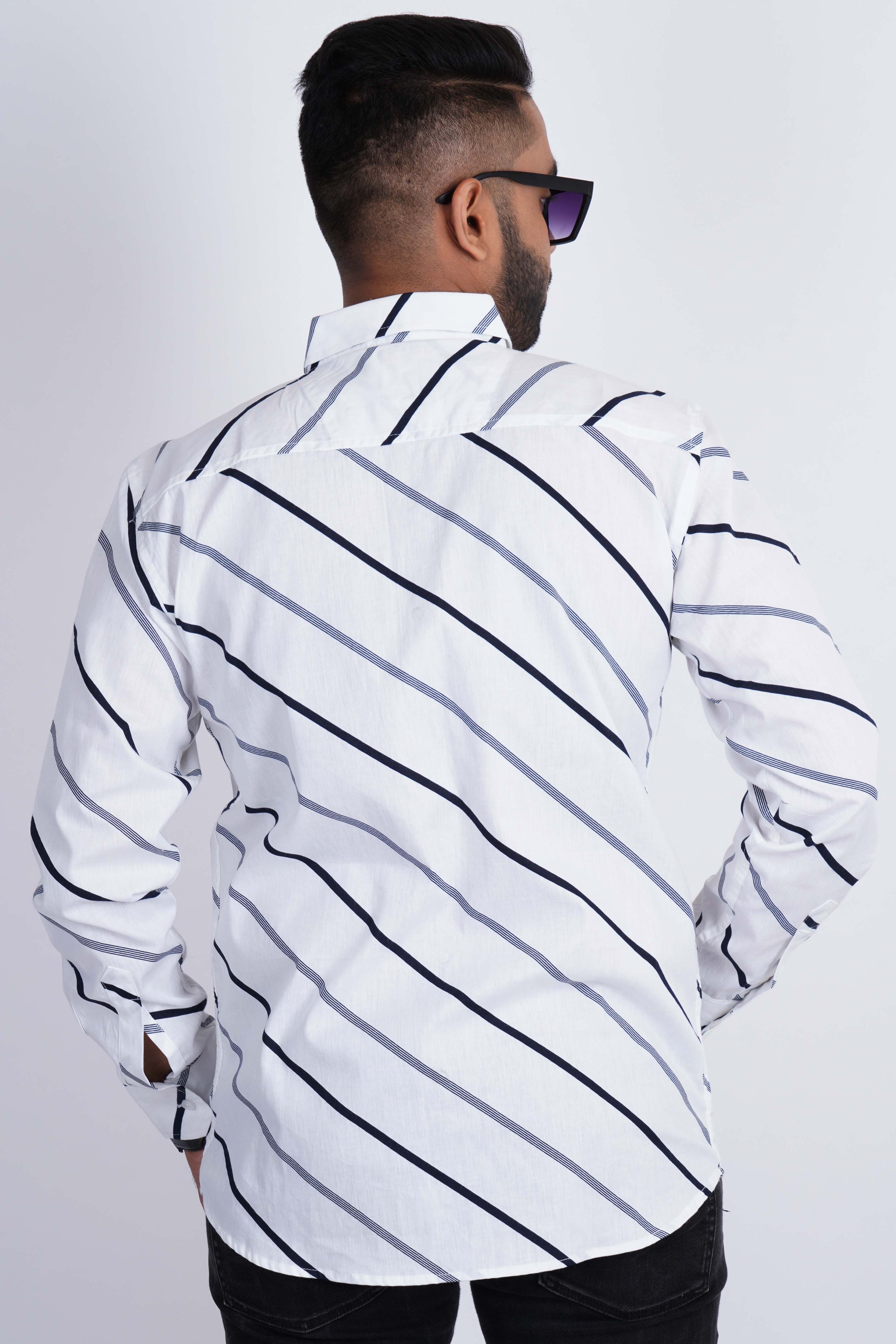 White Black Cross Thick Strips Pure Cotton Softy Shirt