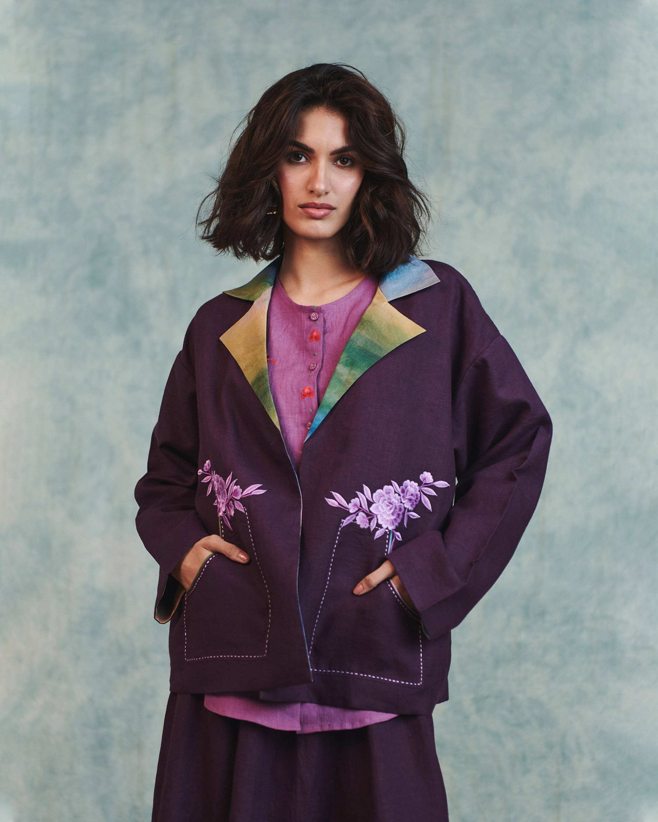 Embroidered Open Linen Jacket