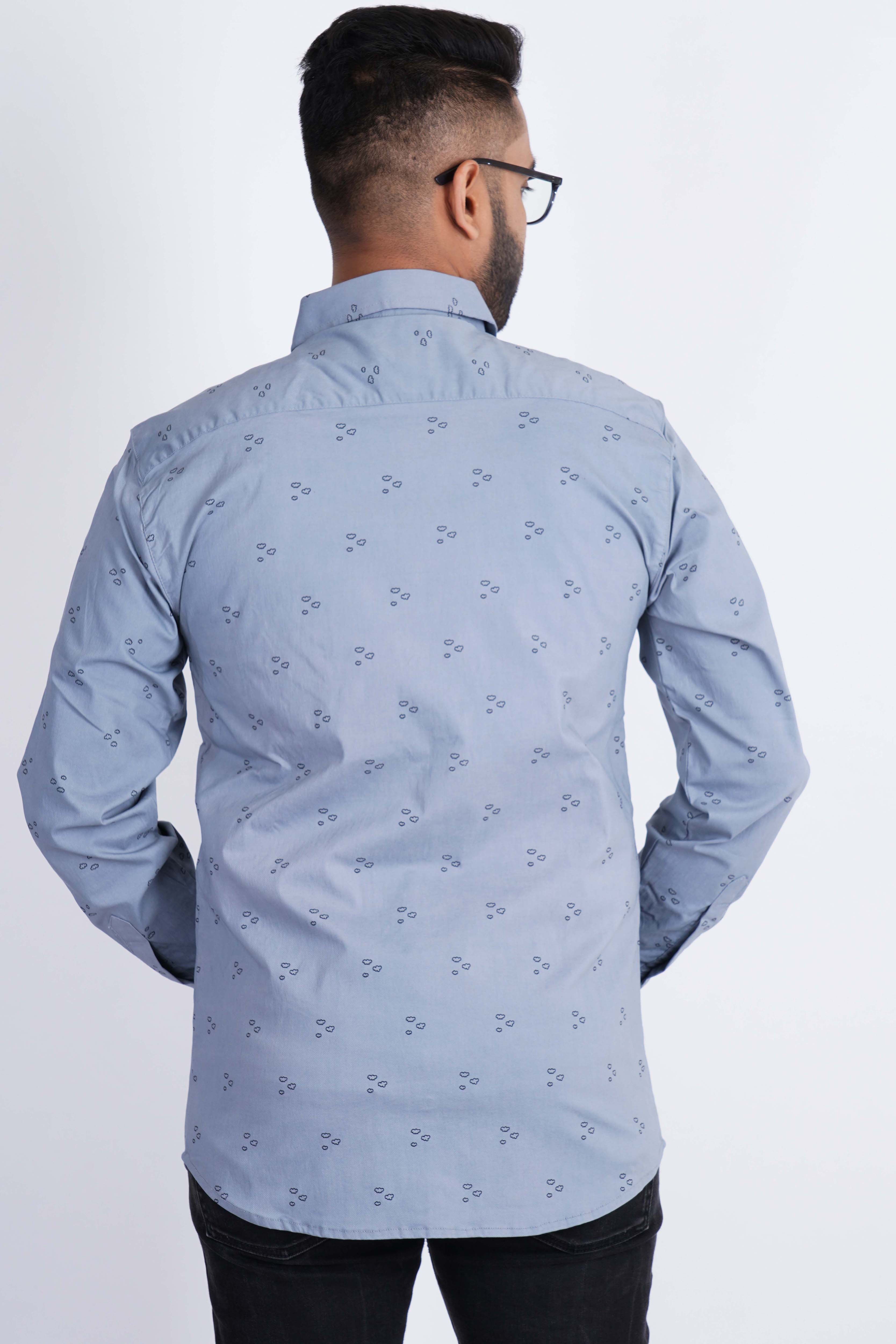 Light Blue Black Cloud Lycra Print Stretchable Cotton Shirt