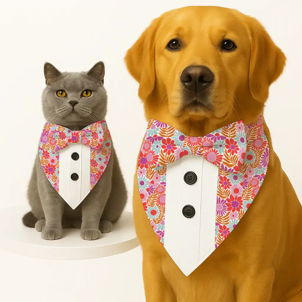 PawsIndia Spring Blooms Pattern Tuxedo Bandana with Matching Bow for Pets