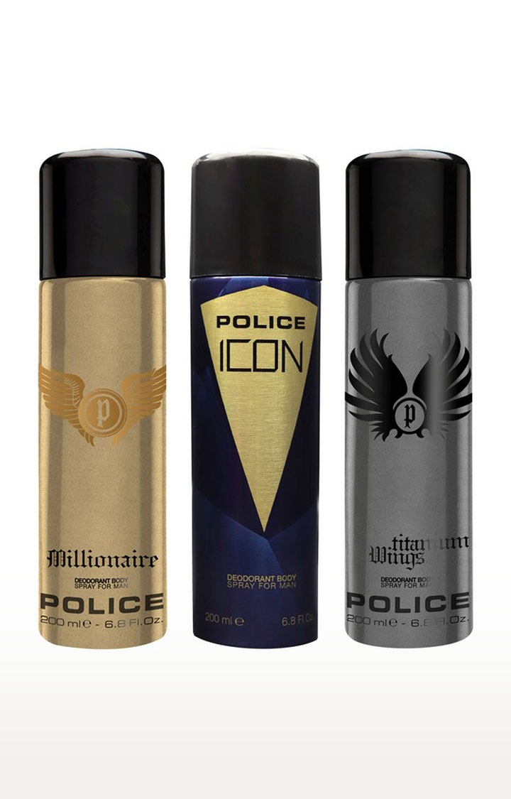 POLICE | Millionaire And Icon And Titanium Wings Deodorant Spray - For Men 600 Ml - Pack of 3 0