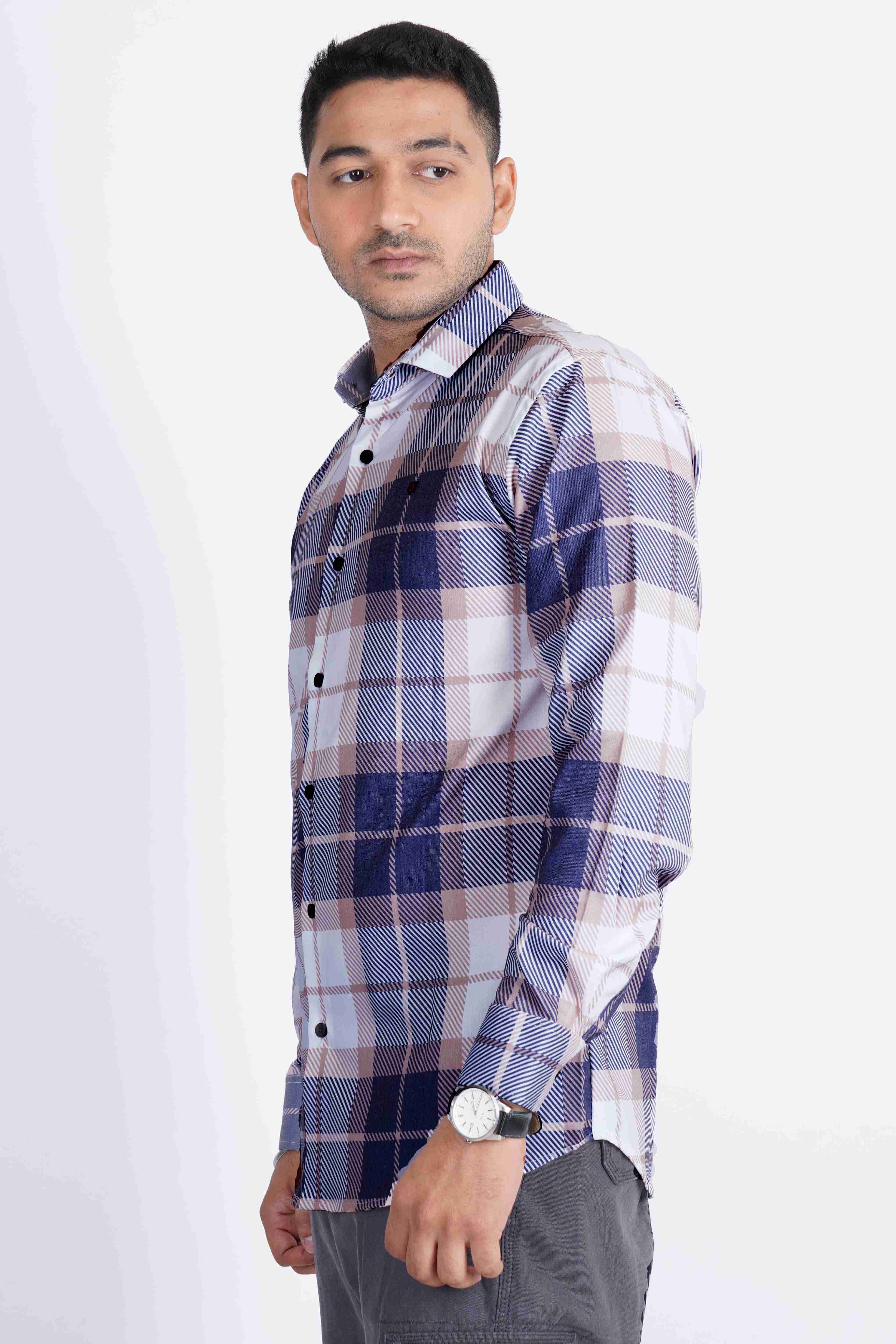 White Yellow Grey Big Checks Imported Lycra Shirt