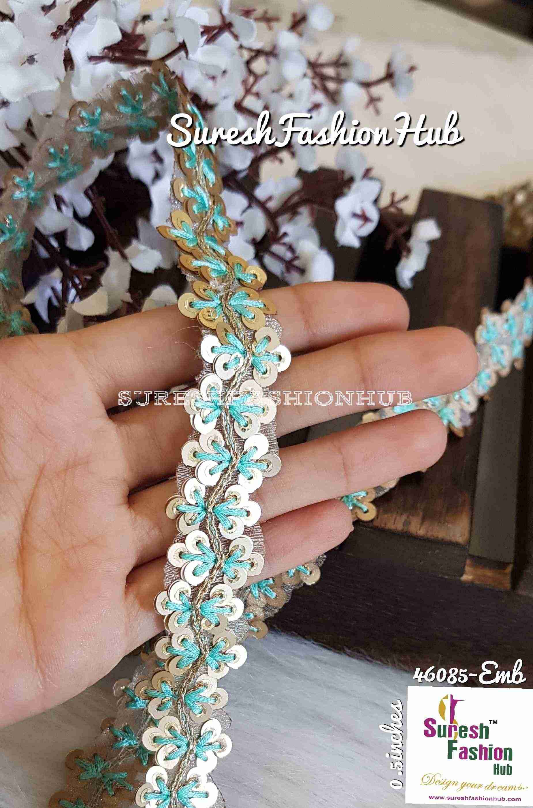 Sequence Pastel Blue  Thread Embroidered Leaves Designer Trim