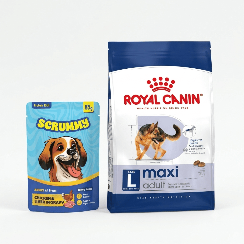 Royal Canin Maxi Adult Dry Dog Food 4kg & Scrummy Chicken & Liver Wet Dog Food, 85g (15 units)