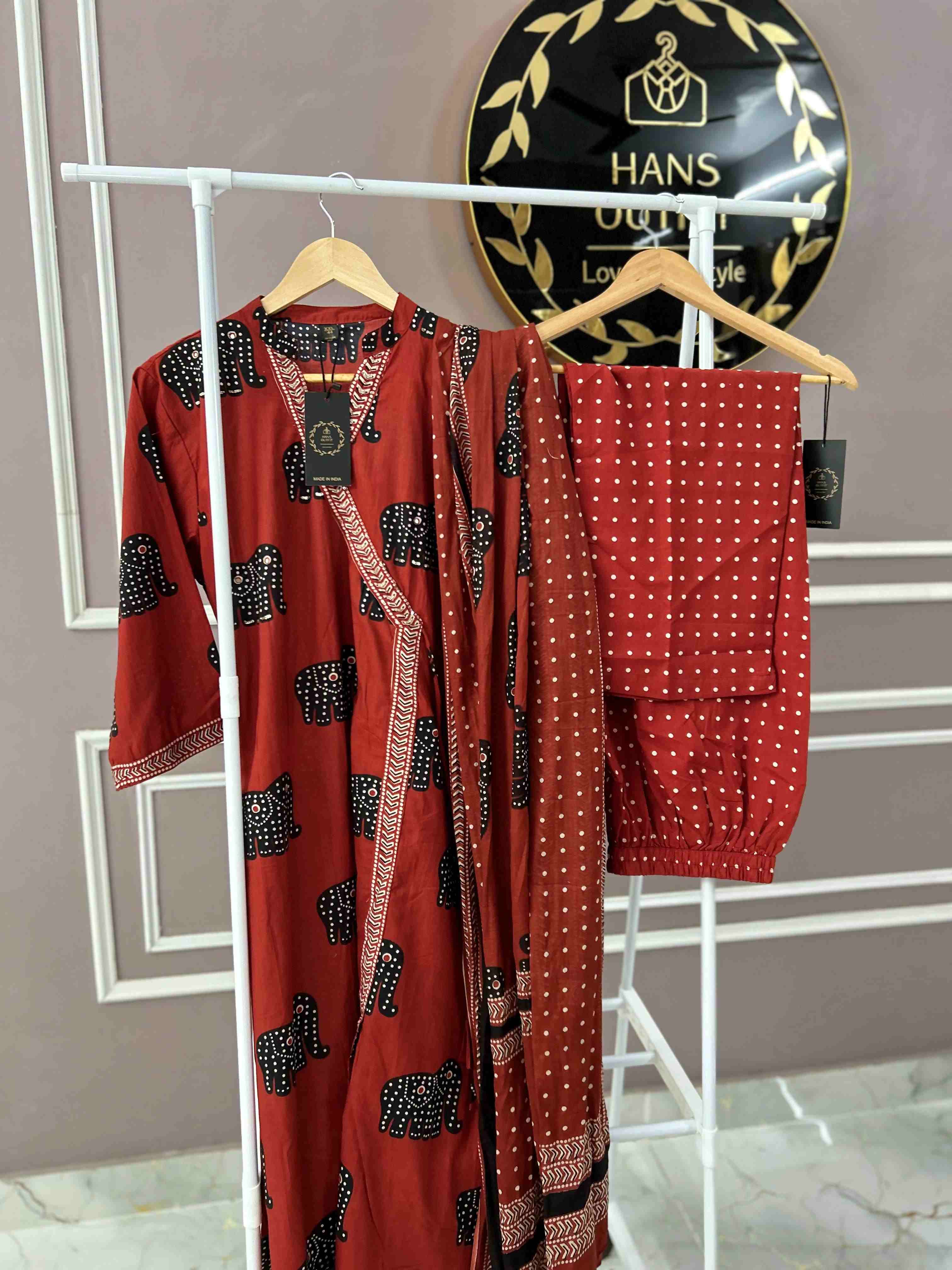 Rust cotton ethnic wear Anarkali sets with traditional print with printed dupatta