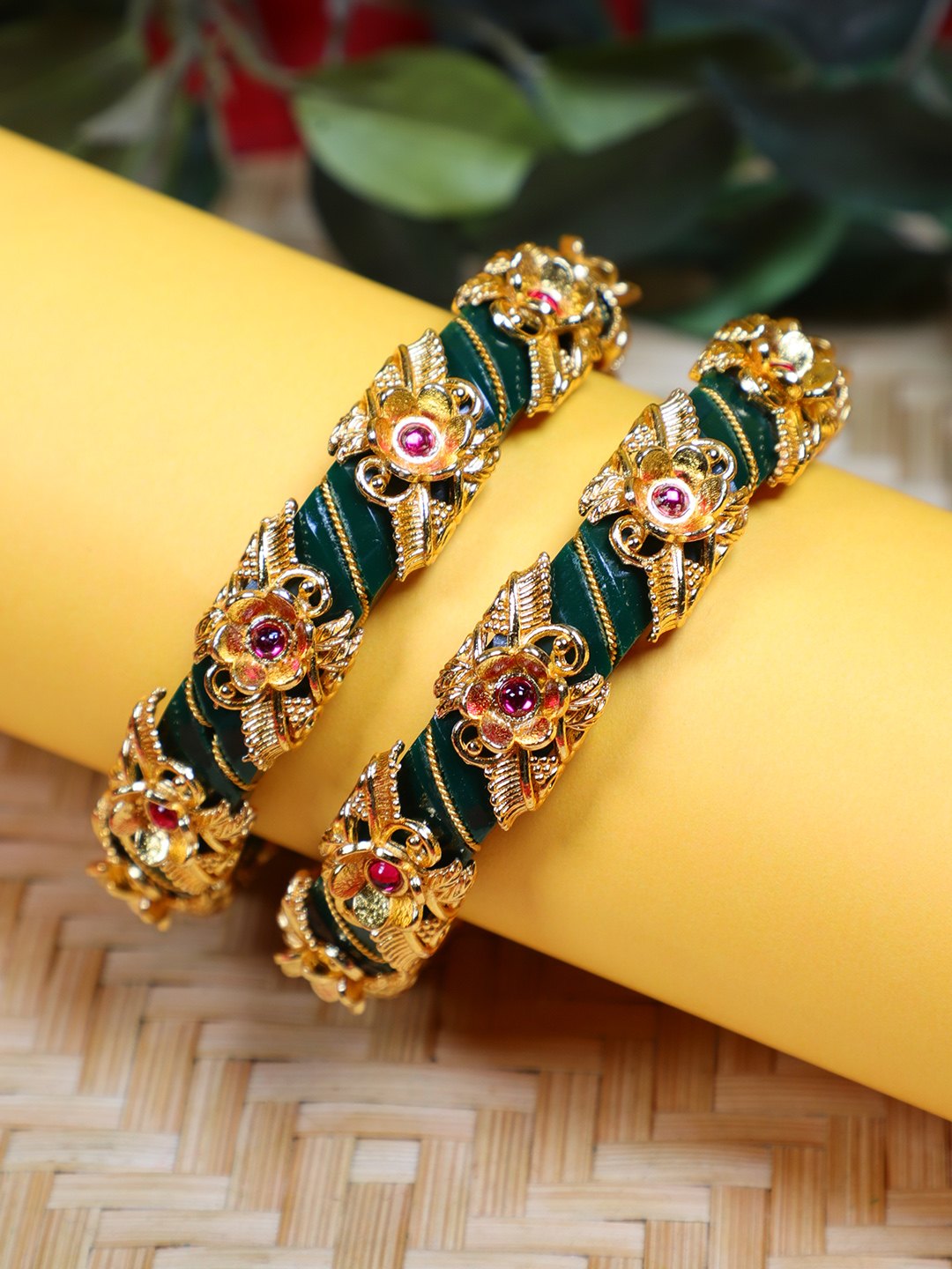 Firoza Swarna Navari Bangle Set Premium Quality Brass Motif Enbellished Green Bangles for Women