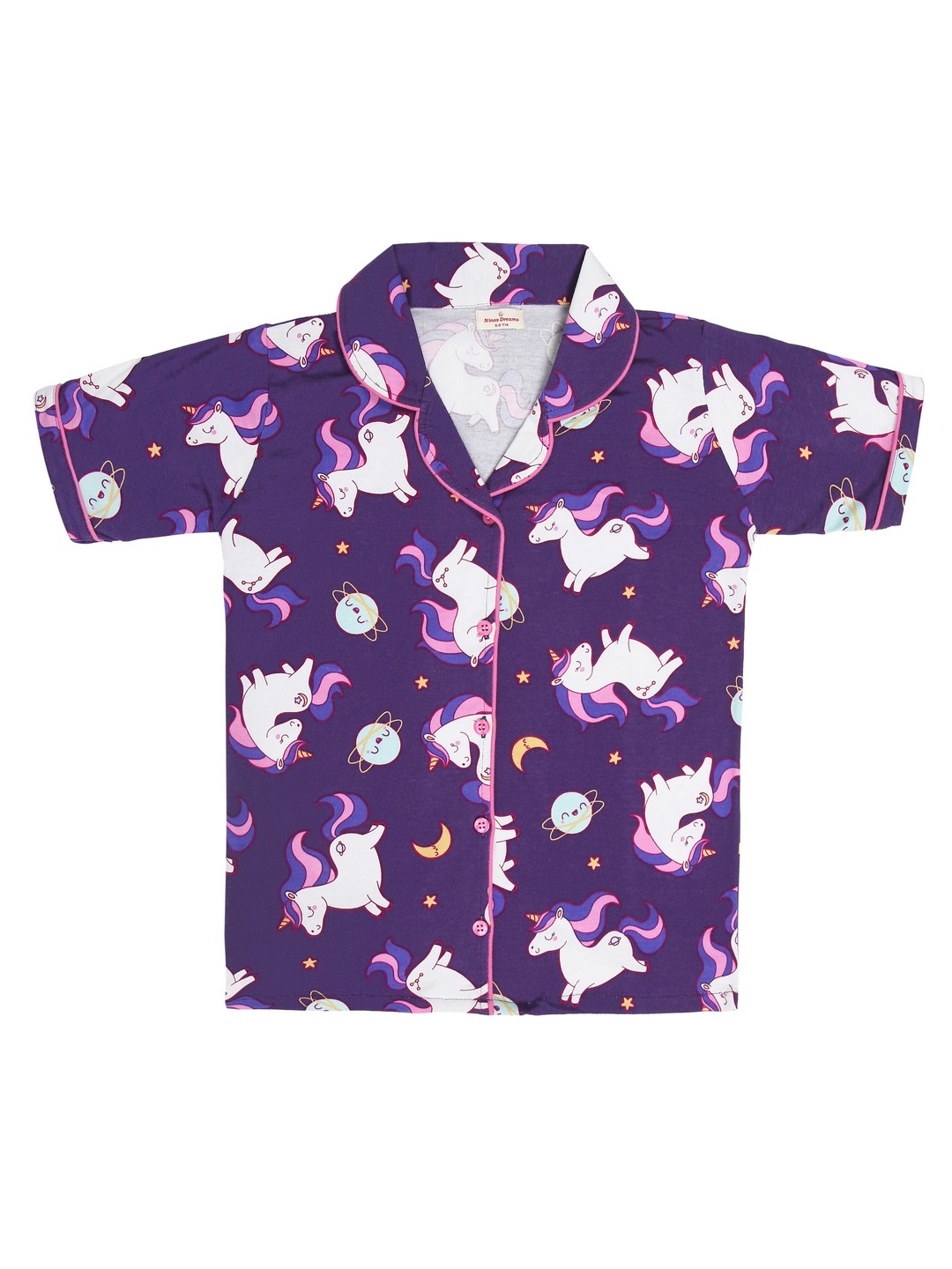 Ninos Dreams Lapel Girls Night Suit with Shorts Unicorn Printed Half Sleeves-Purple