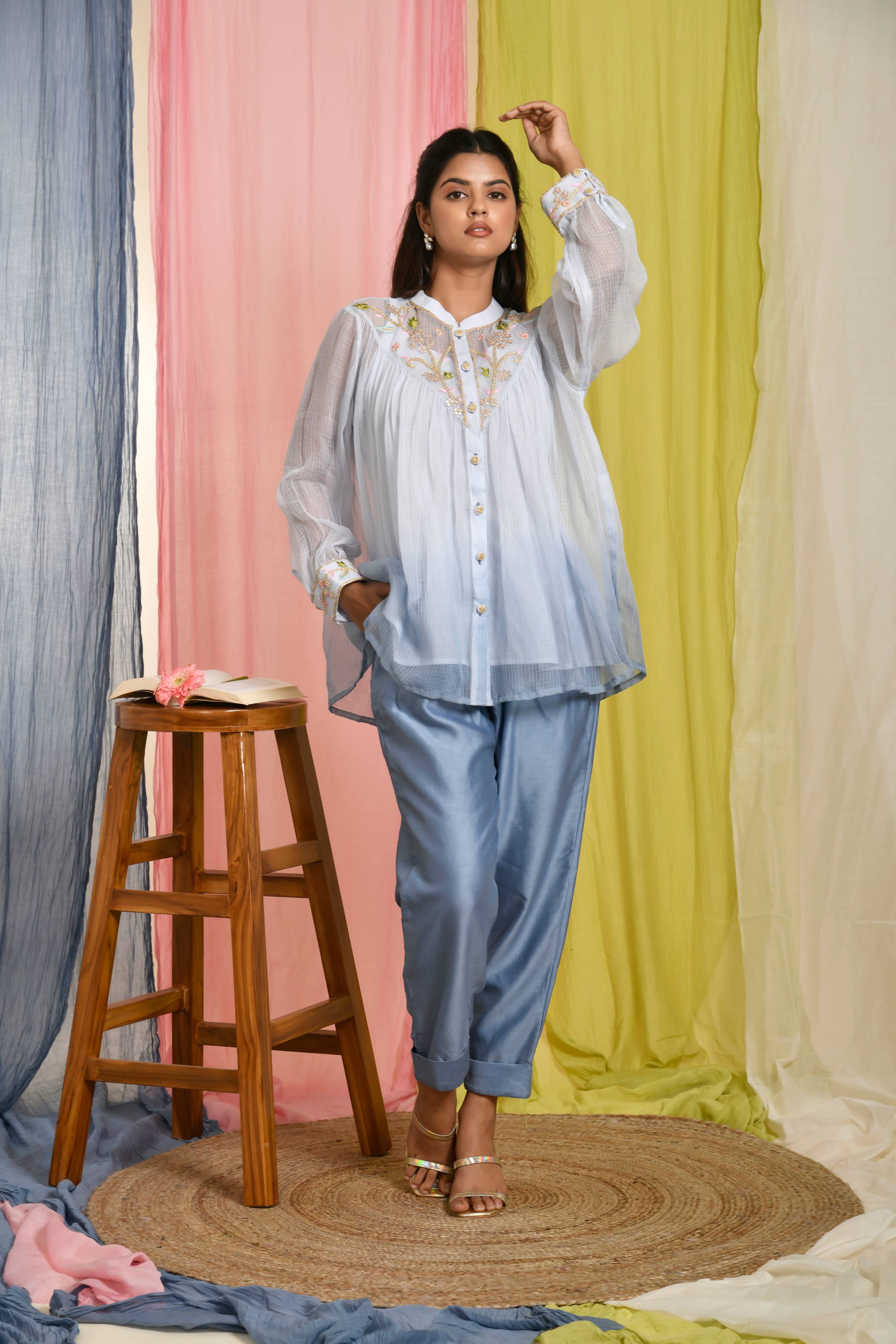KAARAH BY KAAVYA | Blue Short Kota Doriya Shaded Top With Embroidery On the Yoke undefined