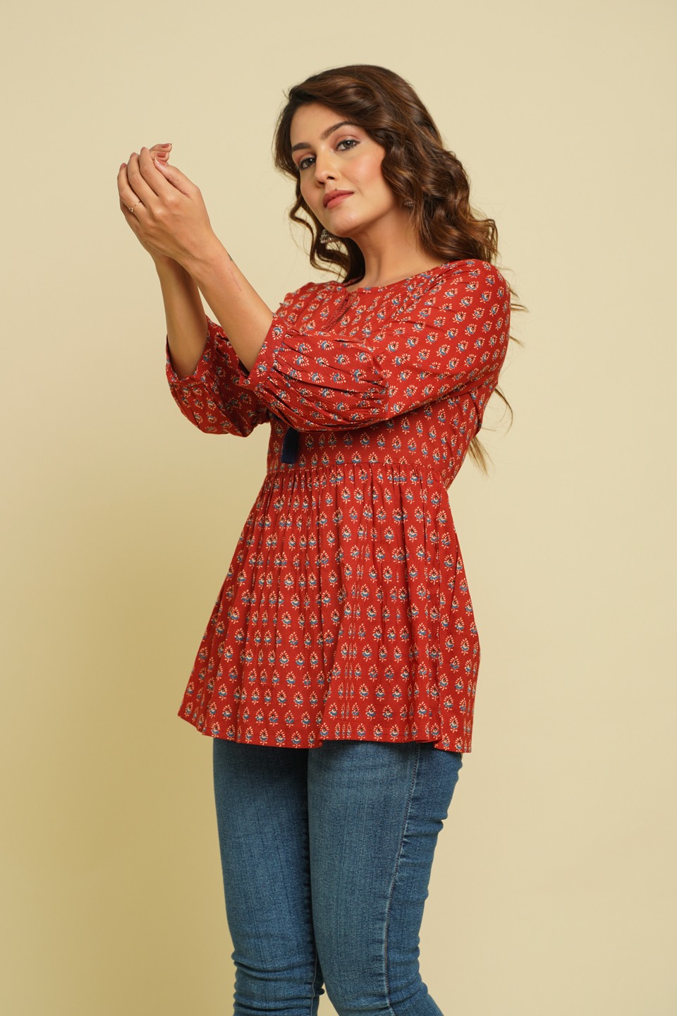 Red Print Tie-Up Neck Pure Cotton Top