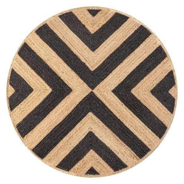 Handwoven Black Chevron Jute Round Rug | Modern Geometric Natural Fiber Round Rug for Living Room