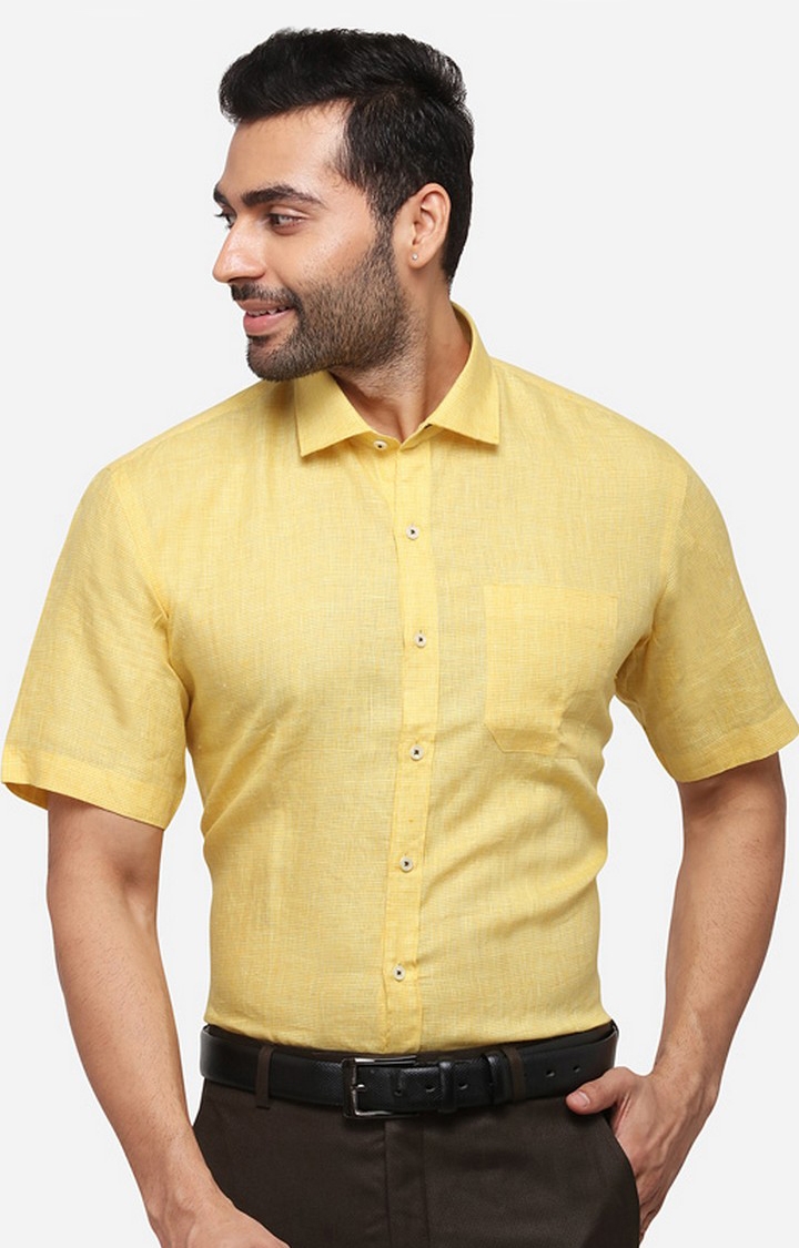 JadeBlue | Men's Yellow Linen Solid Formal Shirts 0