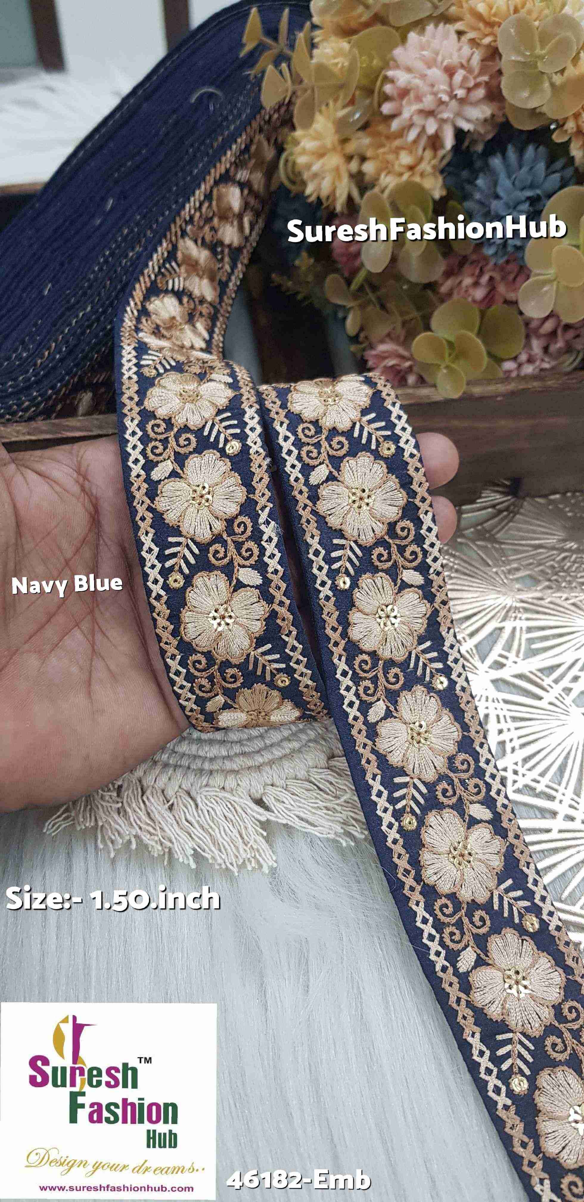 Jute-Colored Thread Navy-Blue Embroidered Lace Fabric