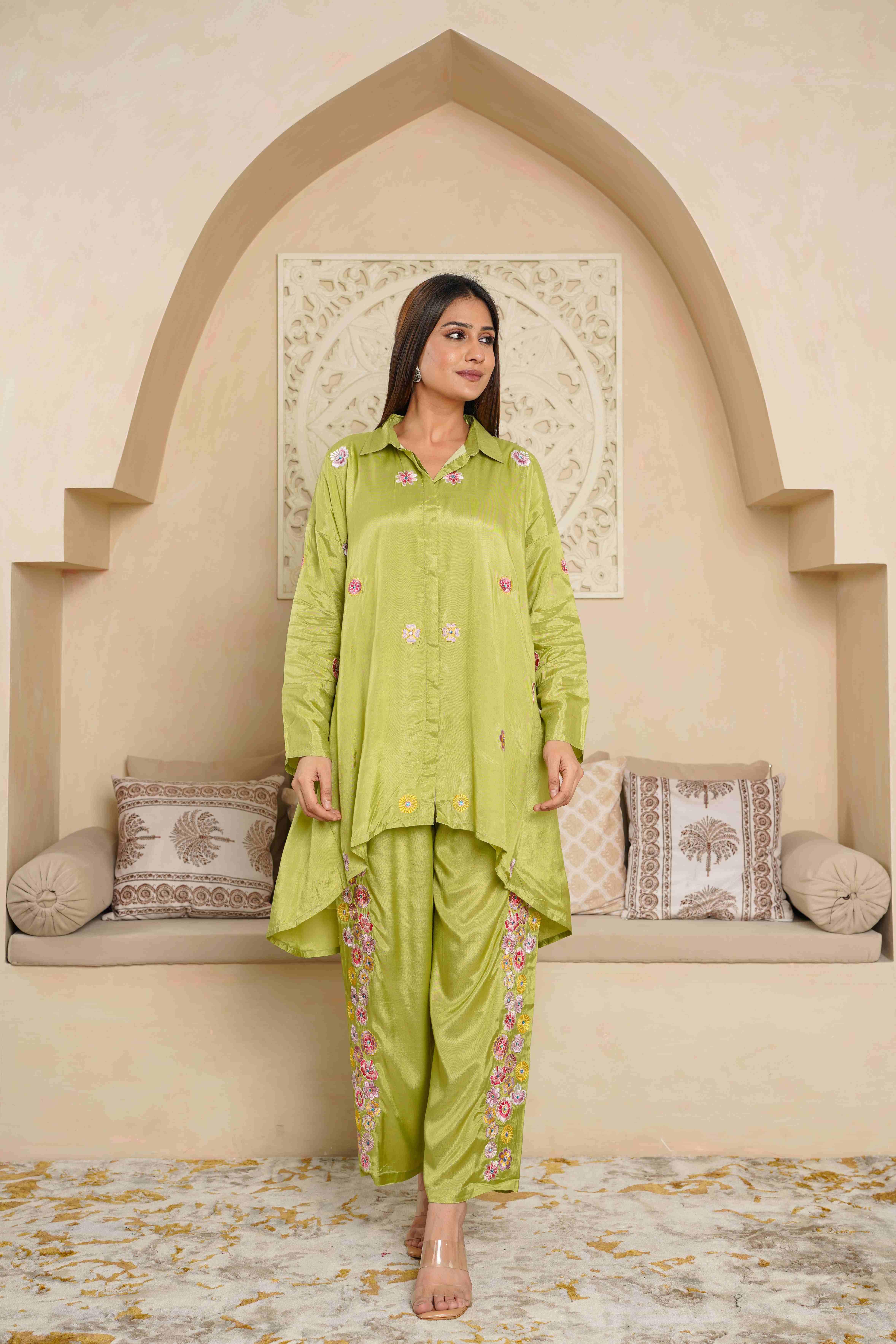 PARROT GREEN EMBROIDERED LOOSE FIT CO-ORD SET