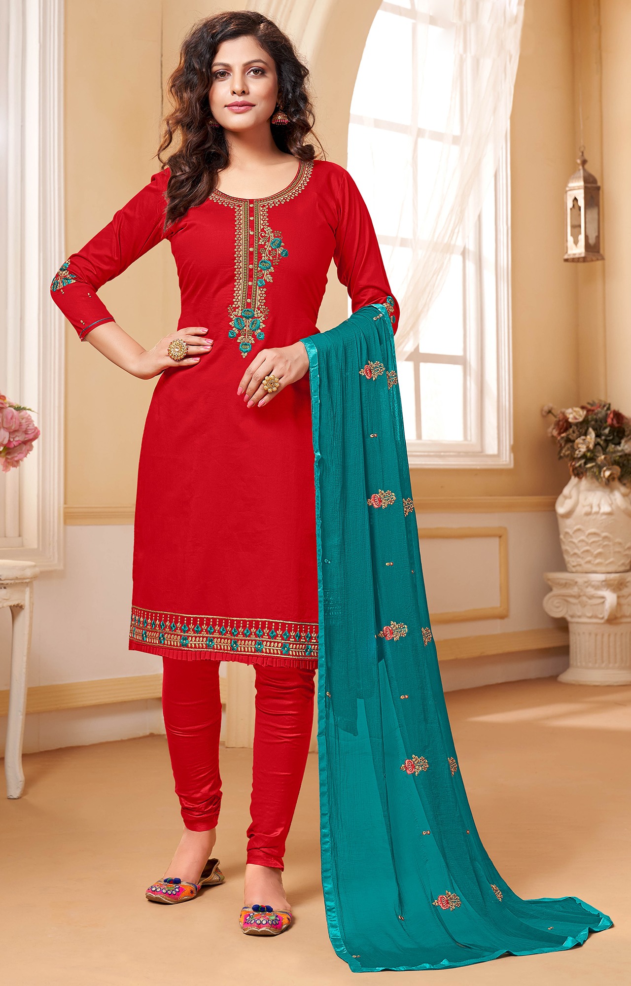 Red Color Cotton Silk Embroidery Unstitched Dress Material-FL_ALBELI1073_DM
