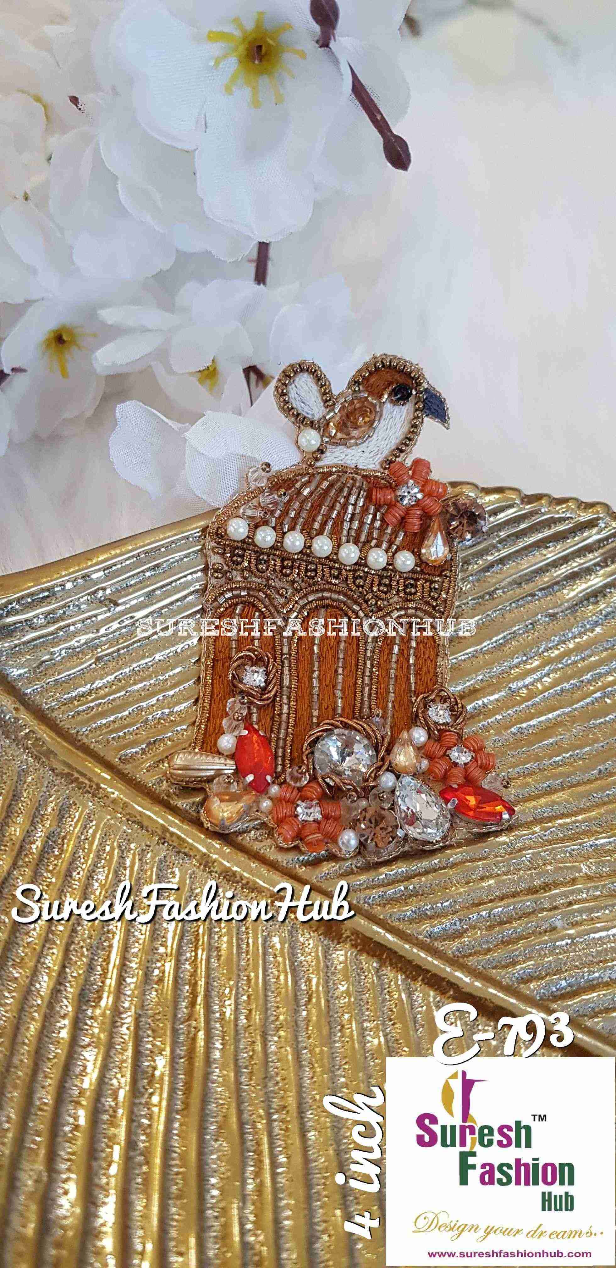 Heavily Embellished Bird Cage Orange Color Designer Patch