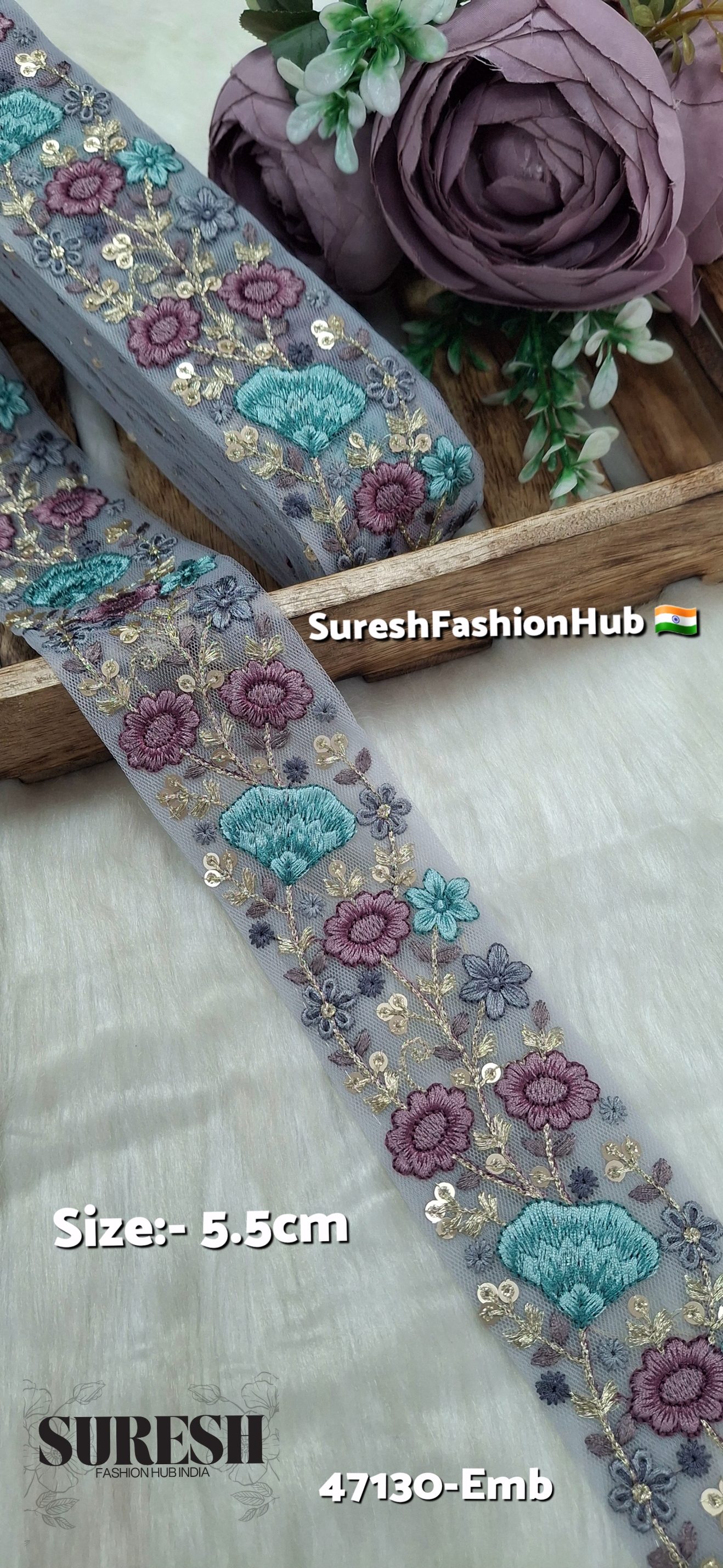 Grey Net Multi-Thread Floral Embroidery Lace