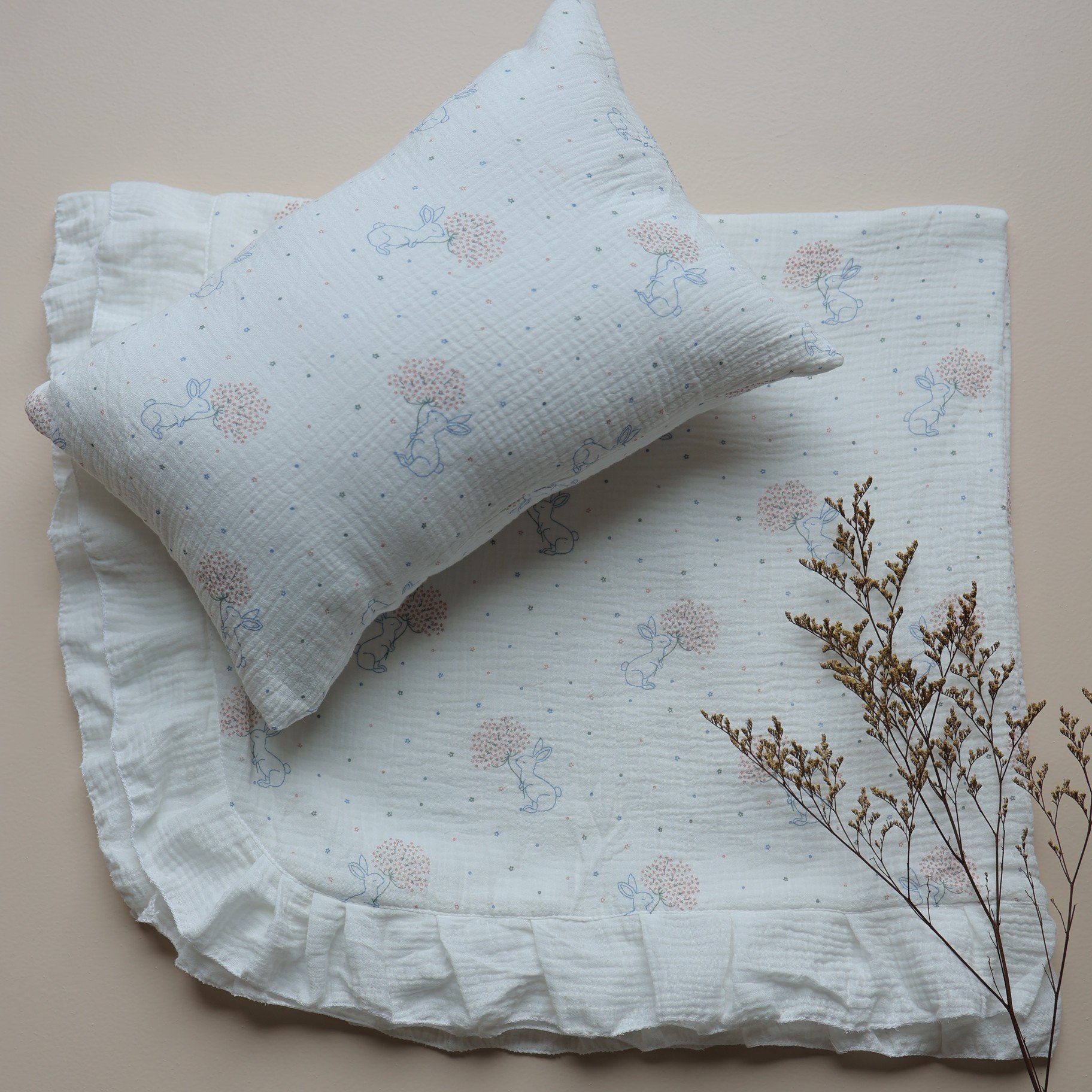 Bunny Whisper Reversible Muslin Blanket & Pillow Set
