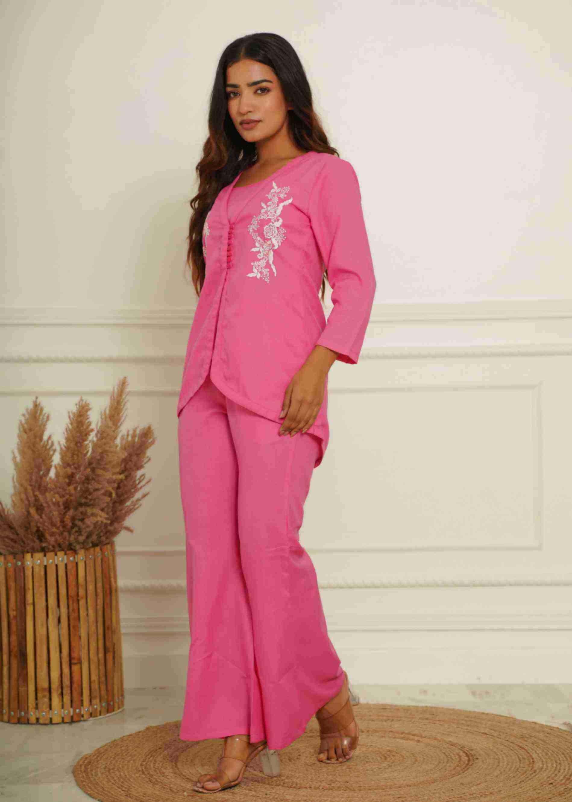 PINK COTTON BLEND EMBRODIERED CO-ORD SET