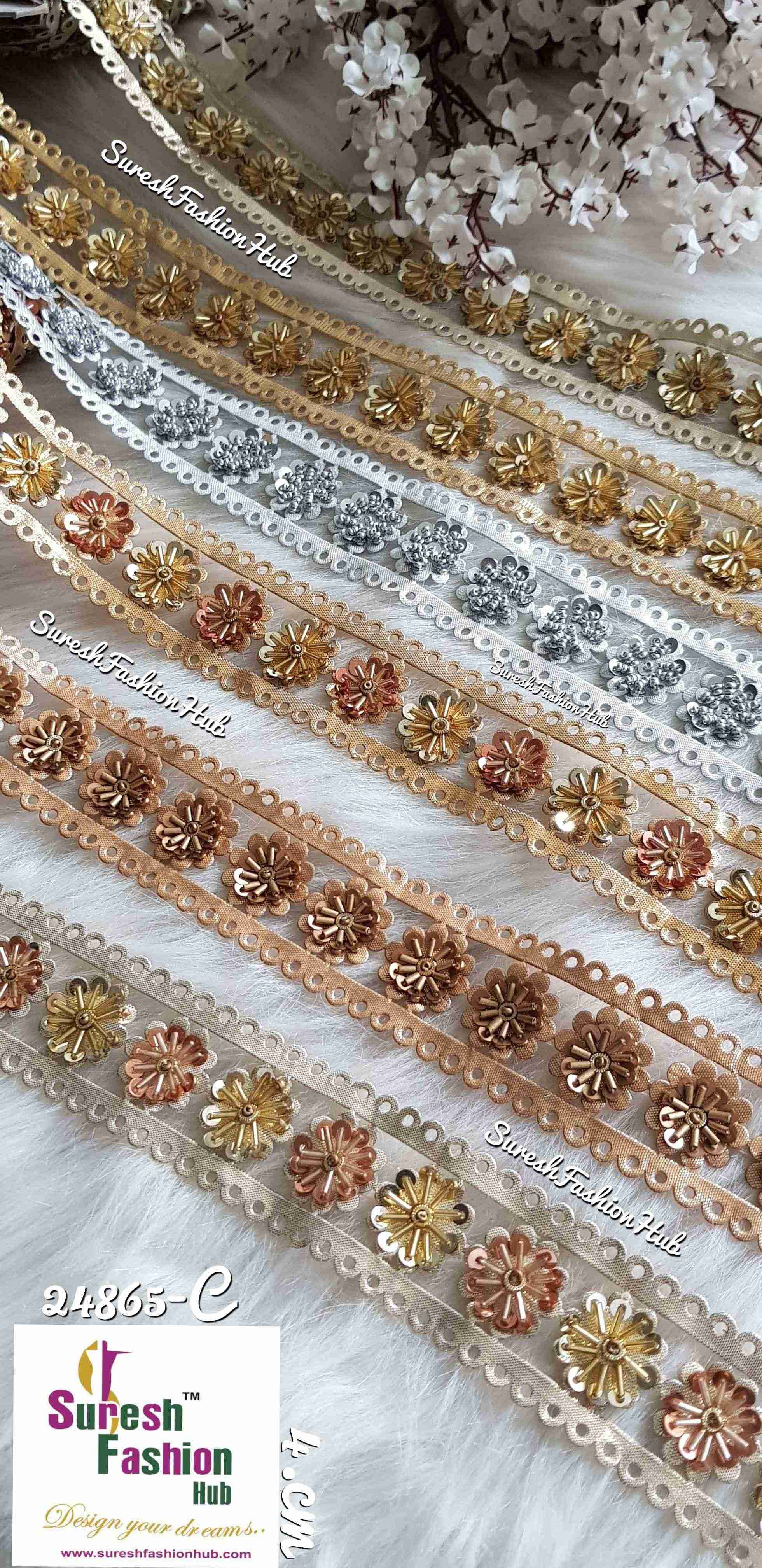 Light Gold with Cutdana Flowers Designer Trim