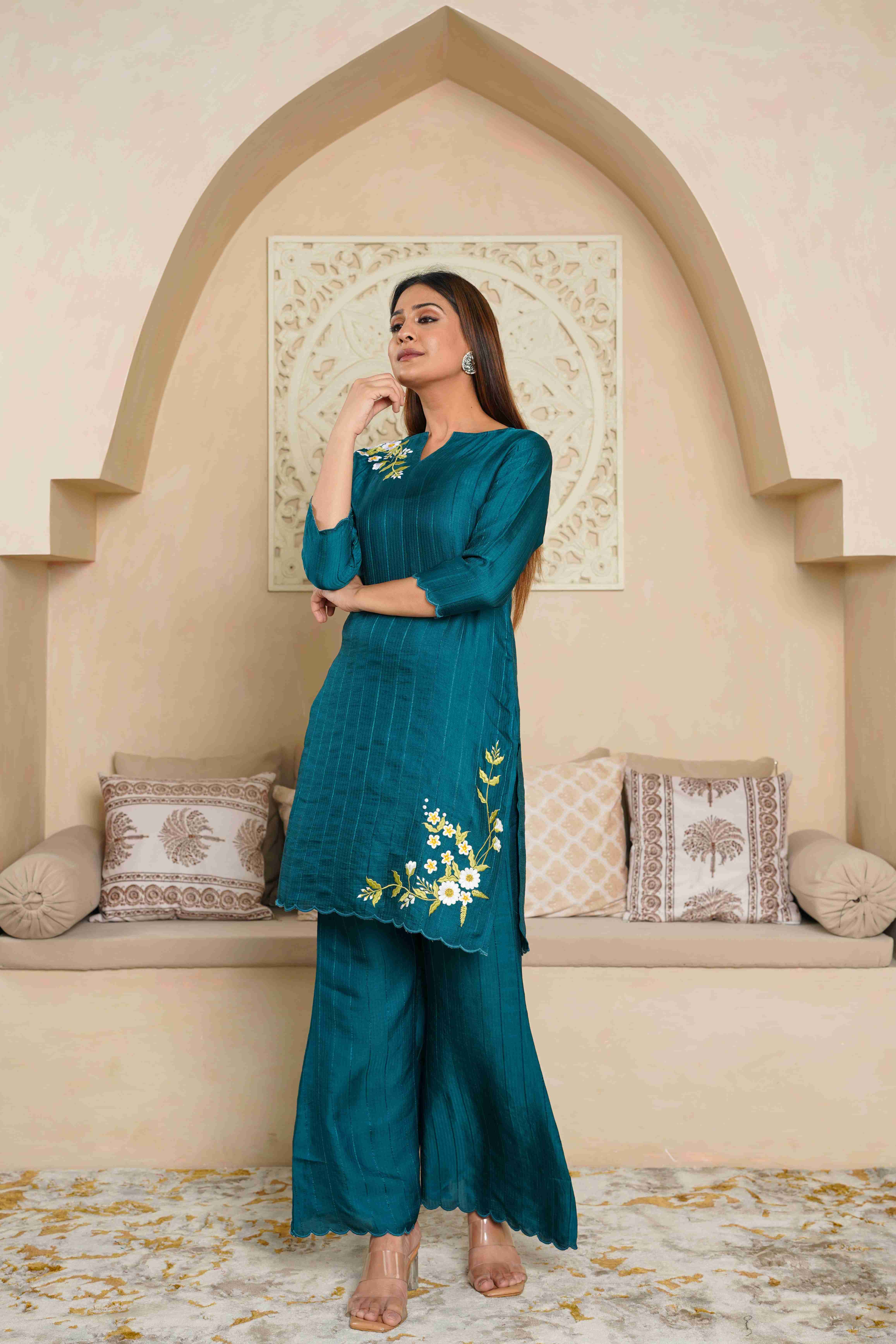 SELF DESIGN SOLID FLORAL EMBROIDERED CO-ORD SET