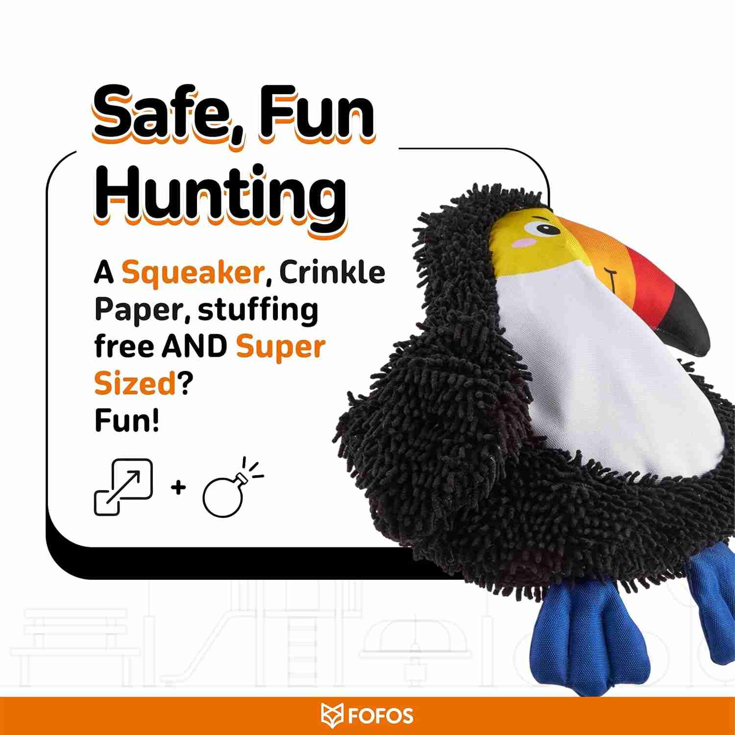 Fofos Non-Stuffing Crinkle Tough Toy Bird for Dogs, Black