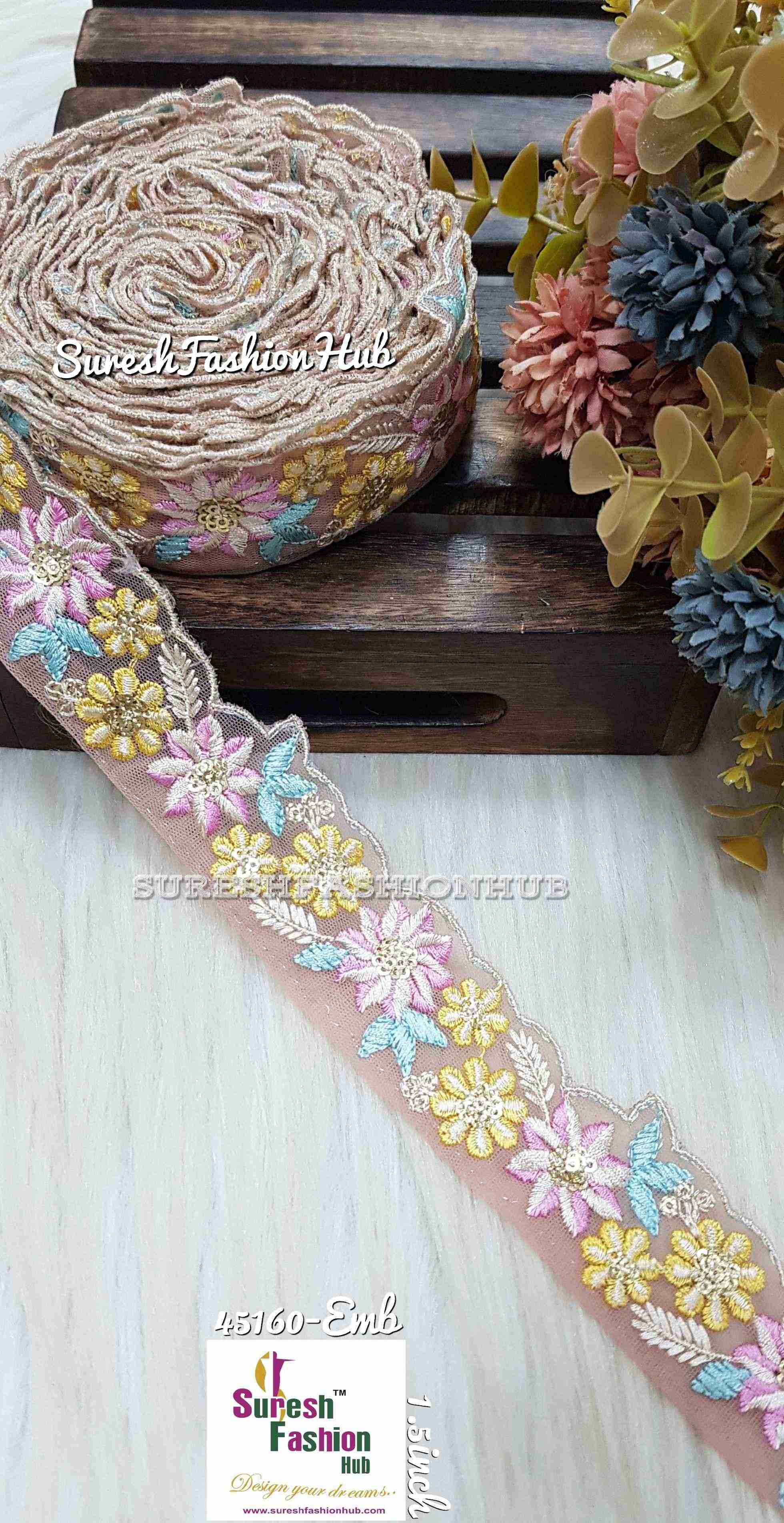 Peach Vibrant Net Symphony Lace - One Side Embroidery