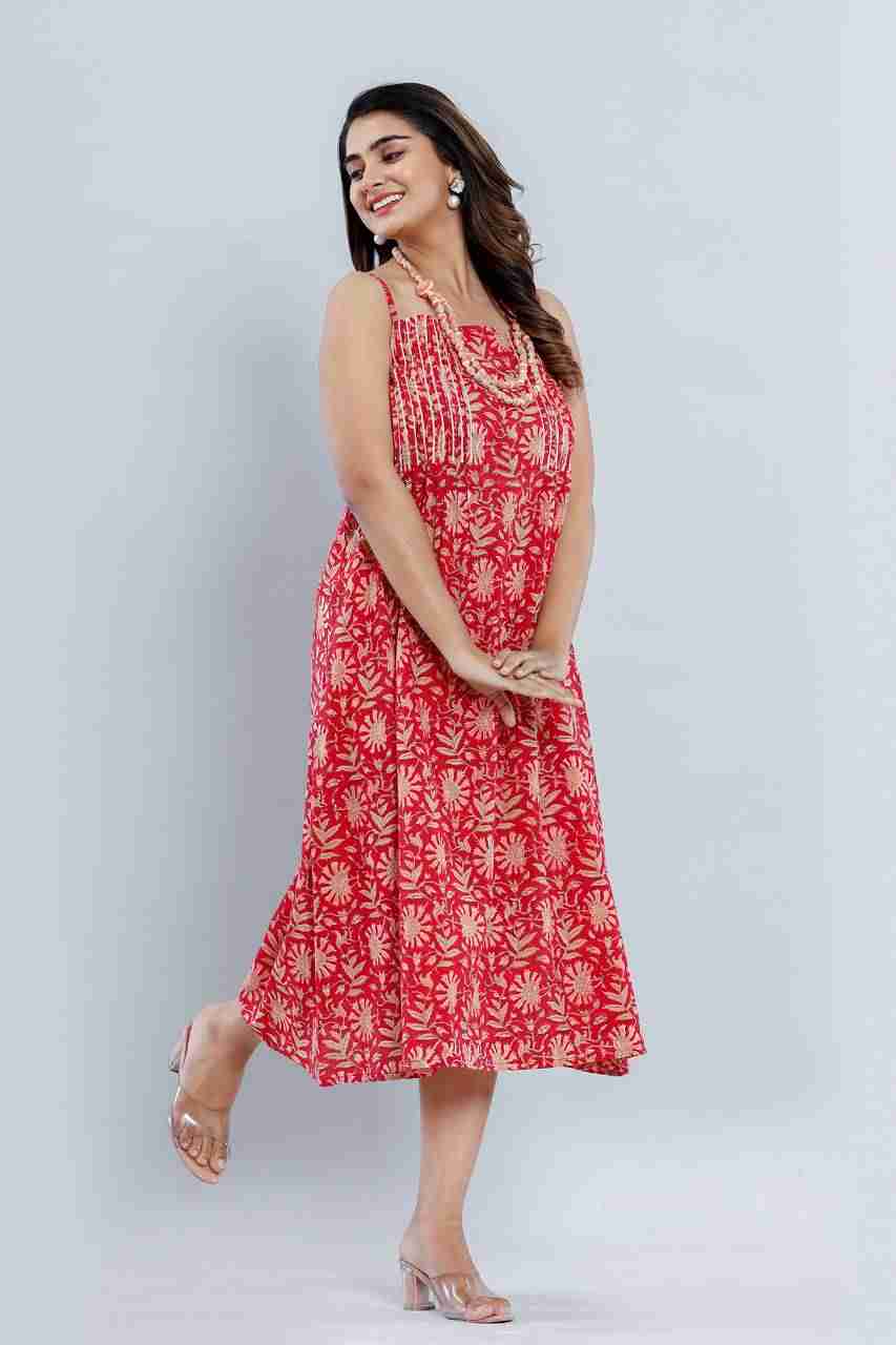 Naksh Red Orange Singlet Dress With Beaded Neck-piece