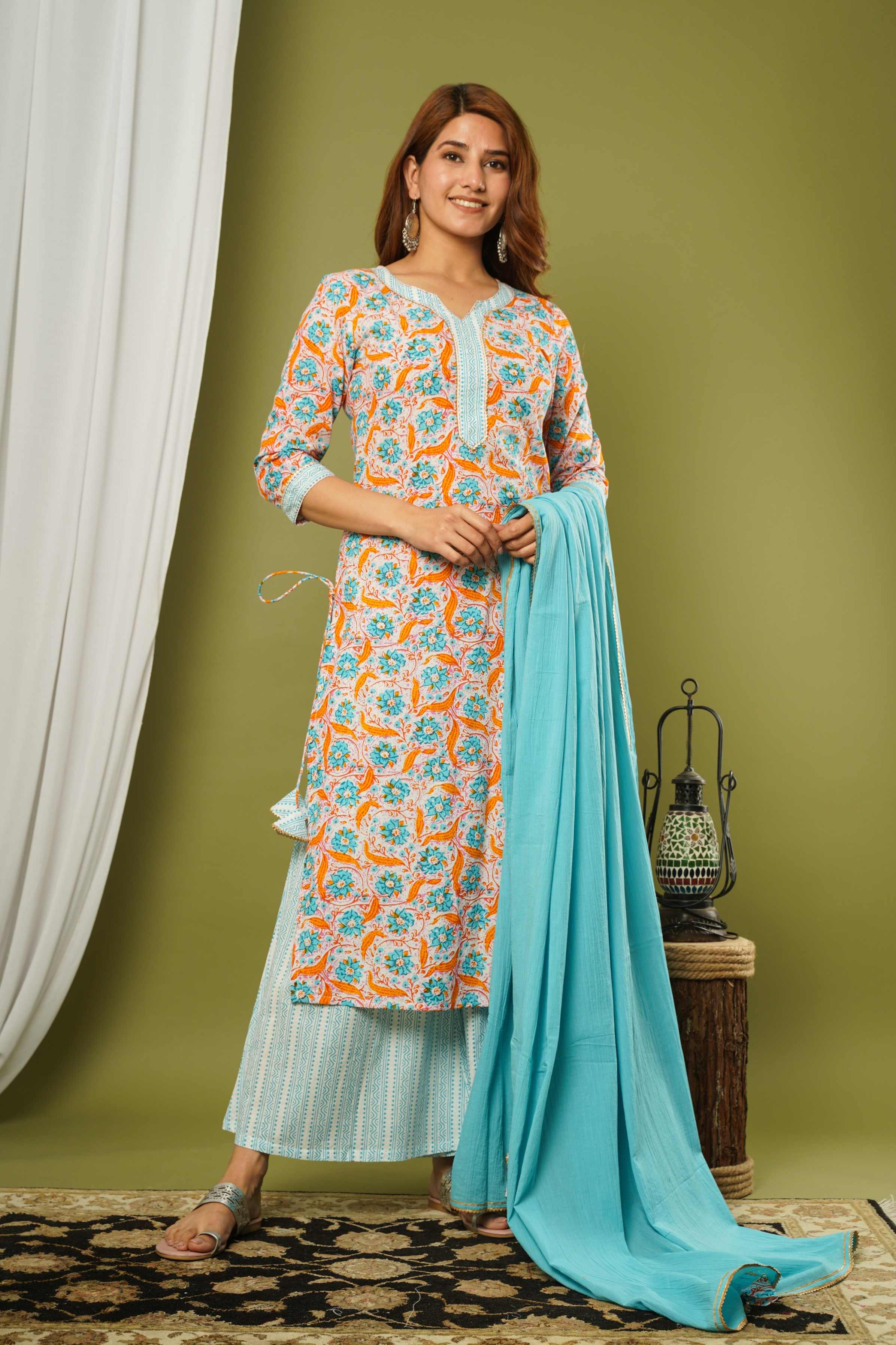 LACE PRINTED COTTON KURTA SET MULMUL DUPATTA