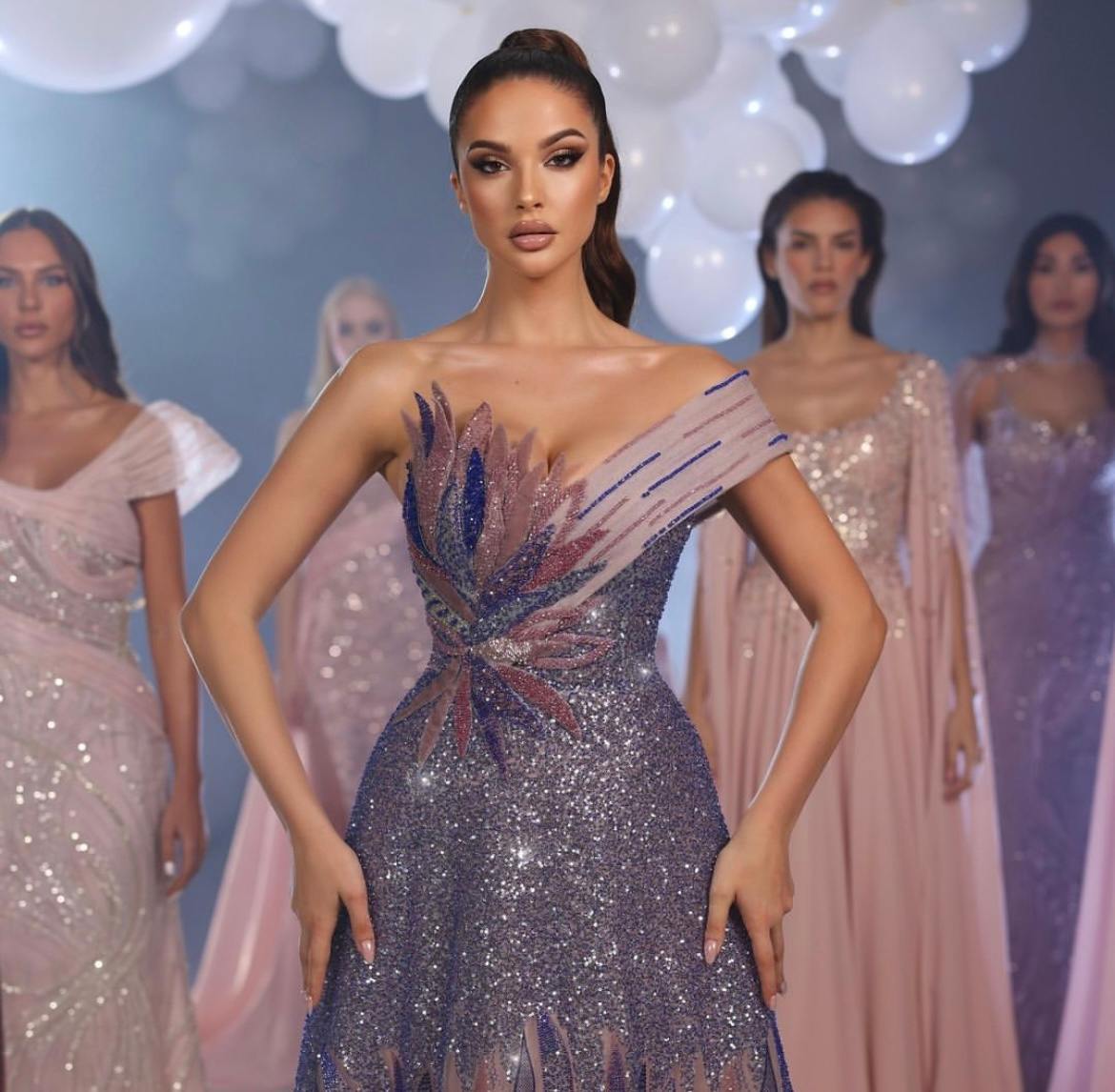 Multi coloured off shoulder flary gown