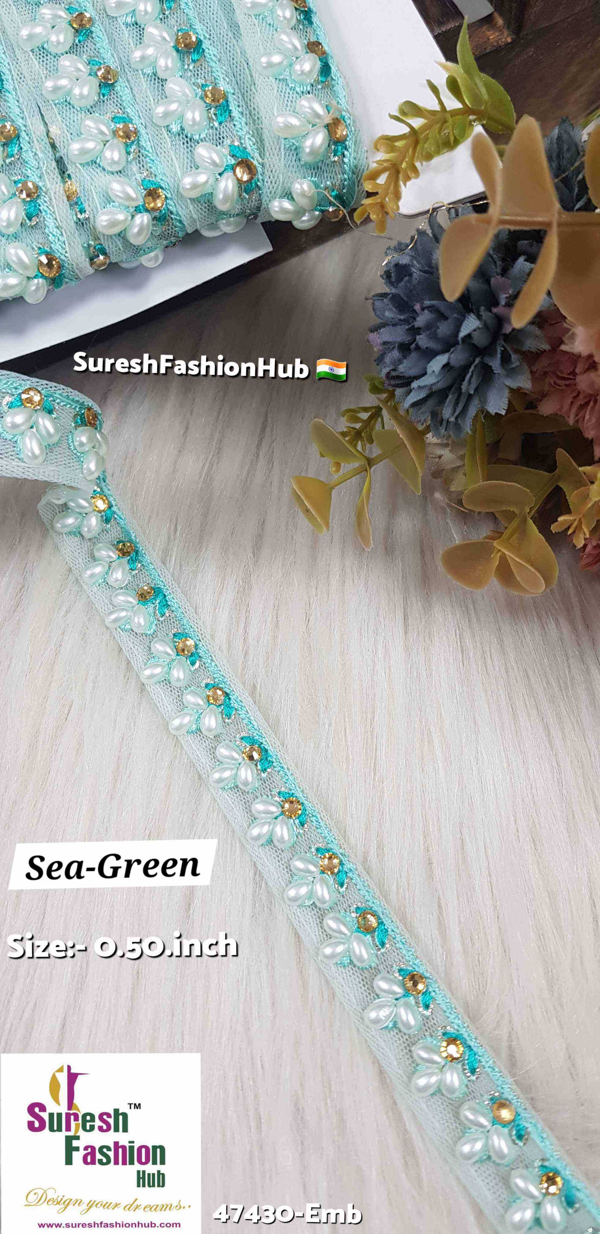 LuxeGlimmer Embroidered Trim Sea Green Color