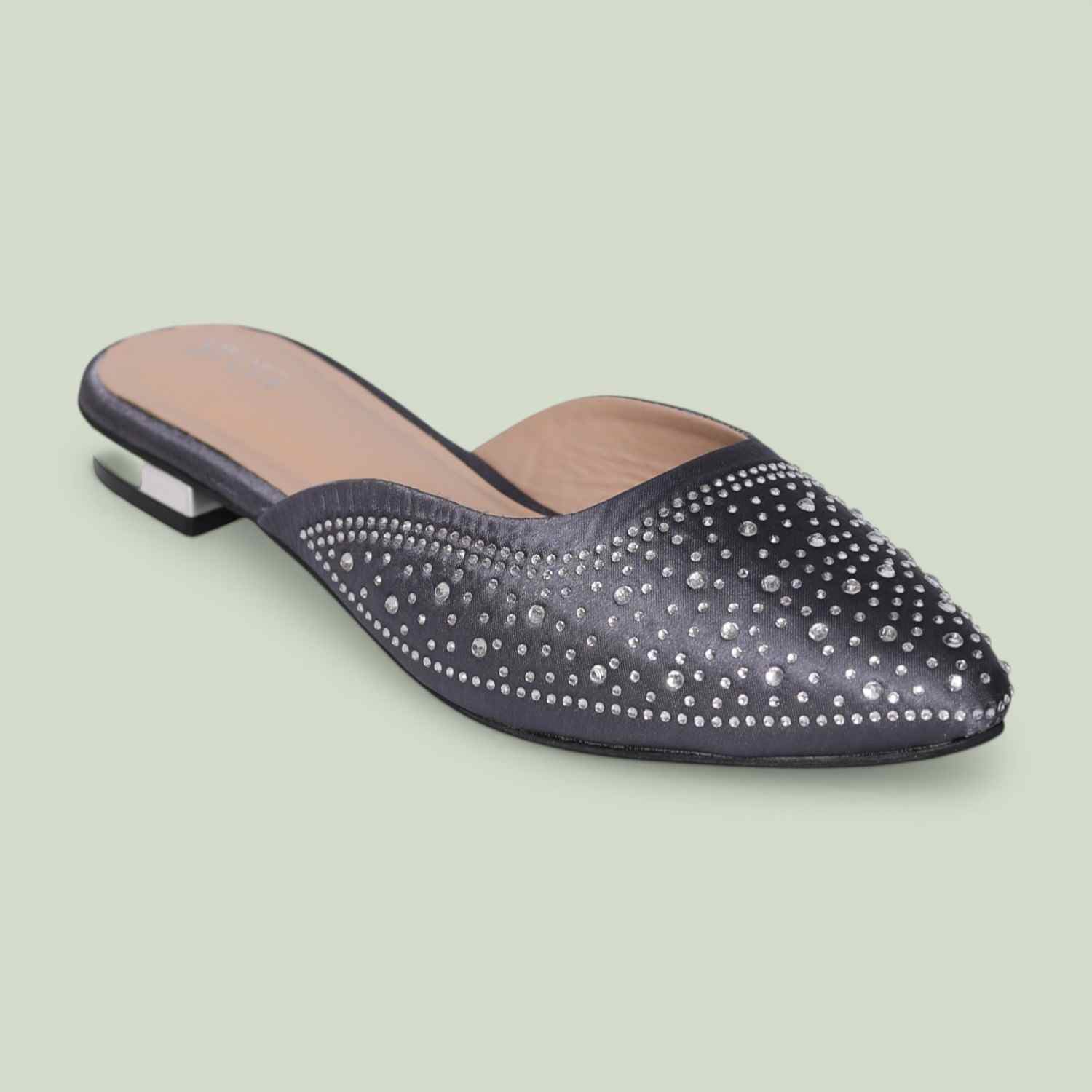 greta | Women’s Grey Sparkling Slip-On Mules with Cutout Detailing|0