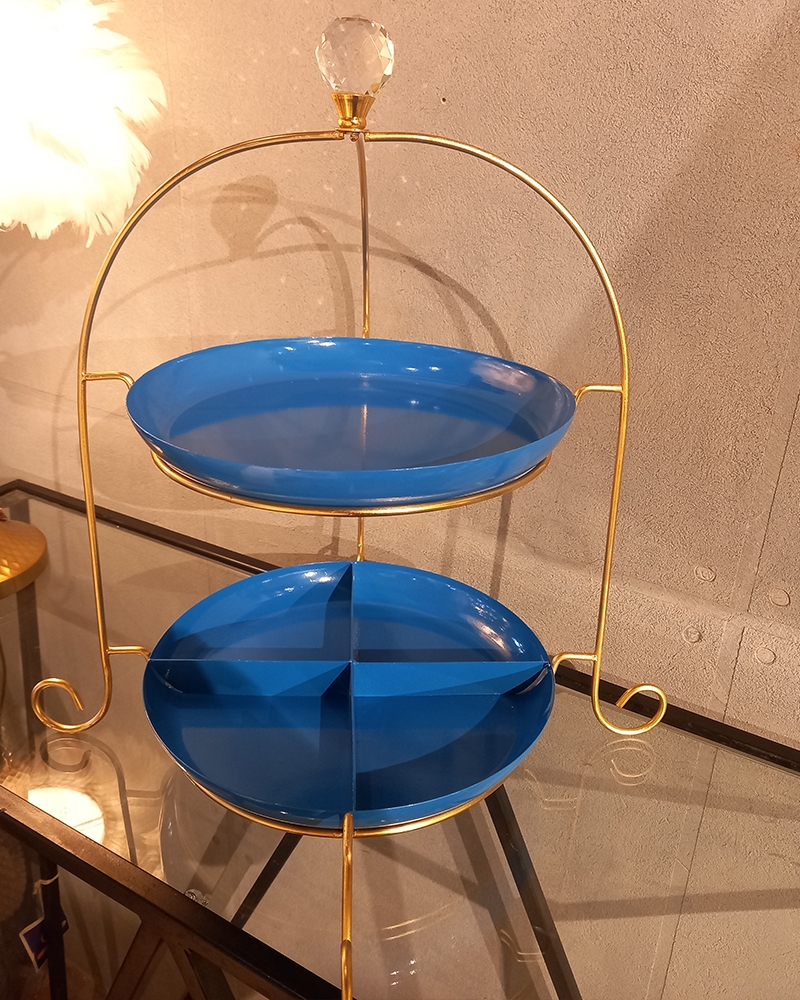 Order Happiness | Order Happiness Blue & Gold Metal 2 Tier Platter Stand Serving Cake Stand Platter For Home Decor 1