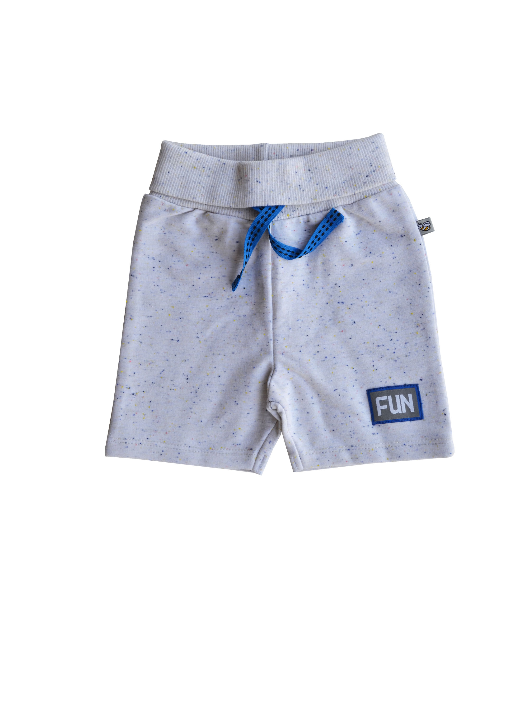 Fun patch on Ecru Melange Bermuda Shorts with cord at waistband (100% Cotton Terry)