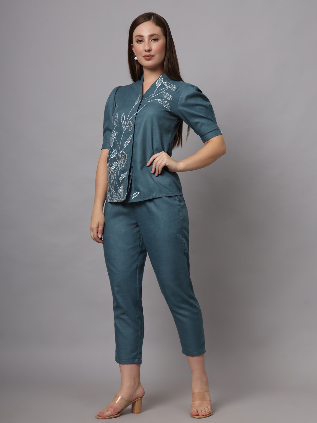 BLUE FLORAL EMBROIDERED CO-ORD SET