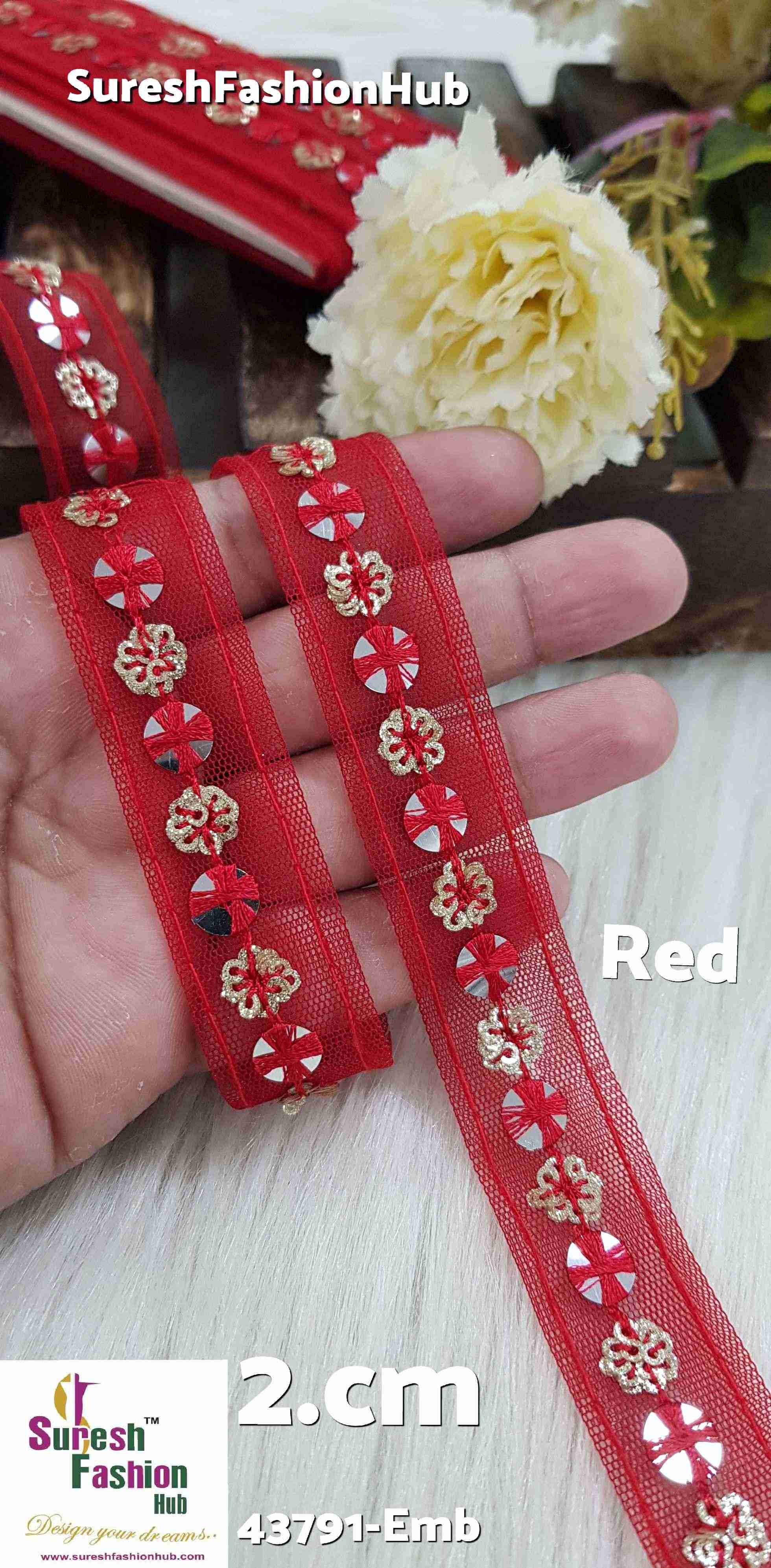 Red Embellished Floral Lace Trim