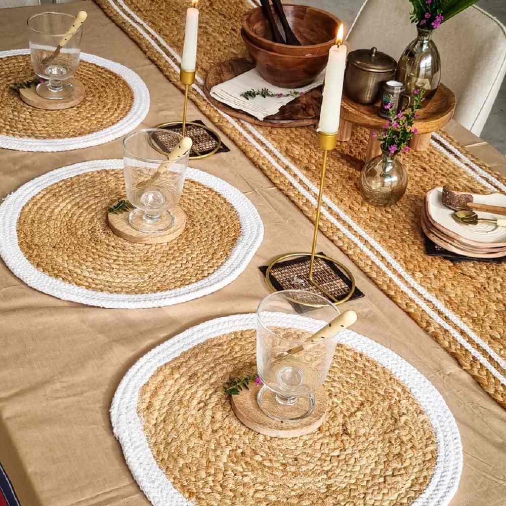 Round Jute & White Border Cotton Placemats (38 cm Diameter)